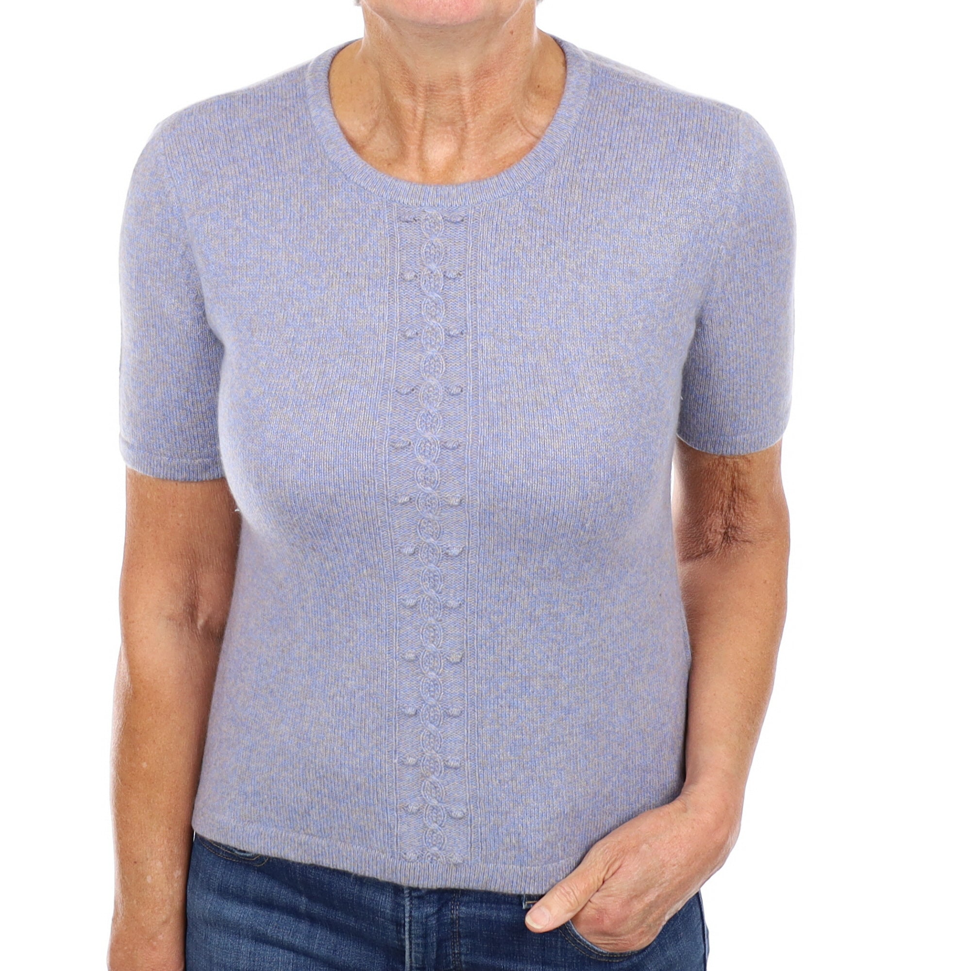 Blue Grey Marl Cashmere Short Sleeved Crew Neck Jumper Medium
