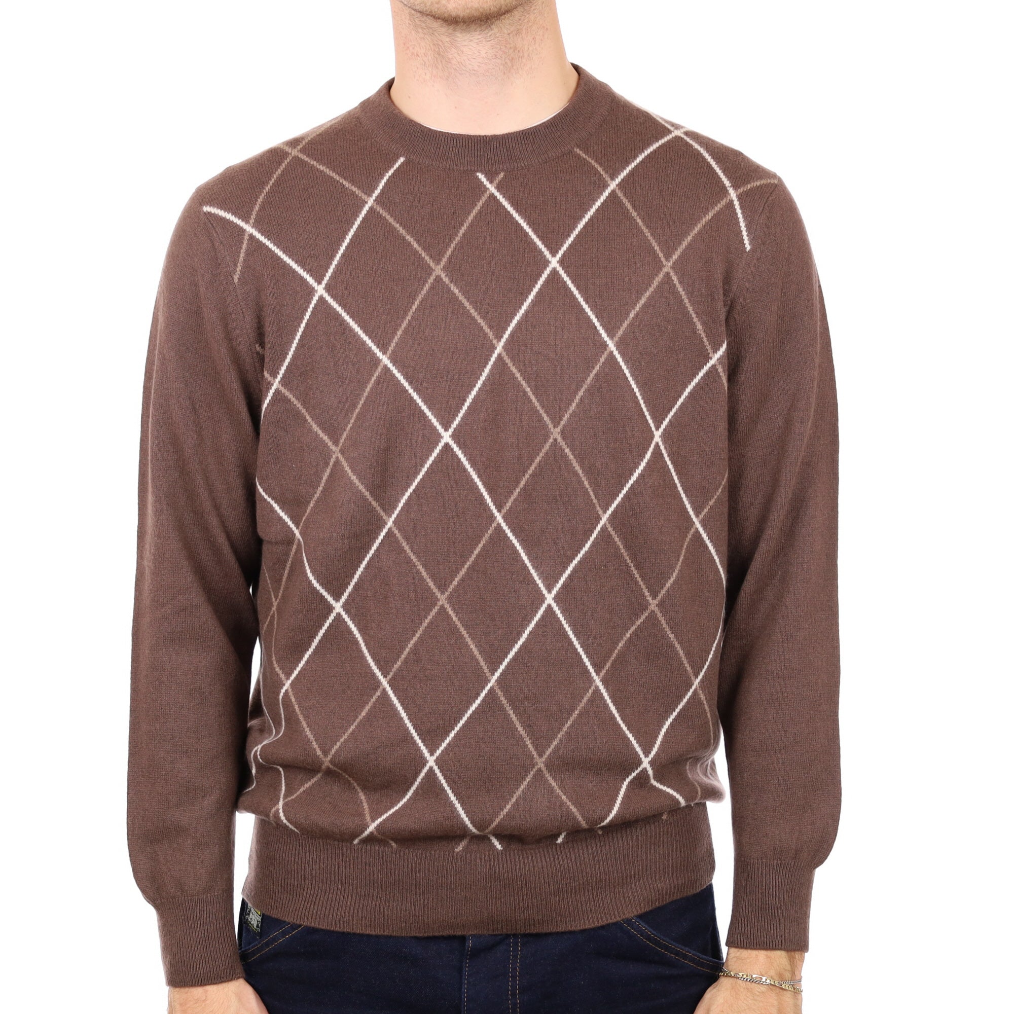 Men's Chocolate Brown Patterned Cashmere Crew Neck Jumper Large