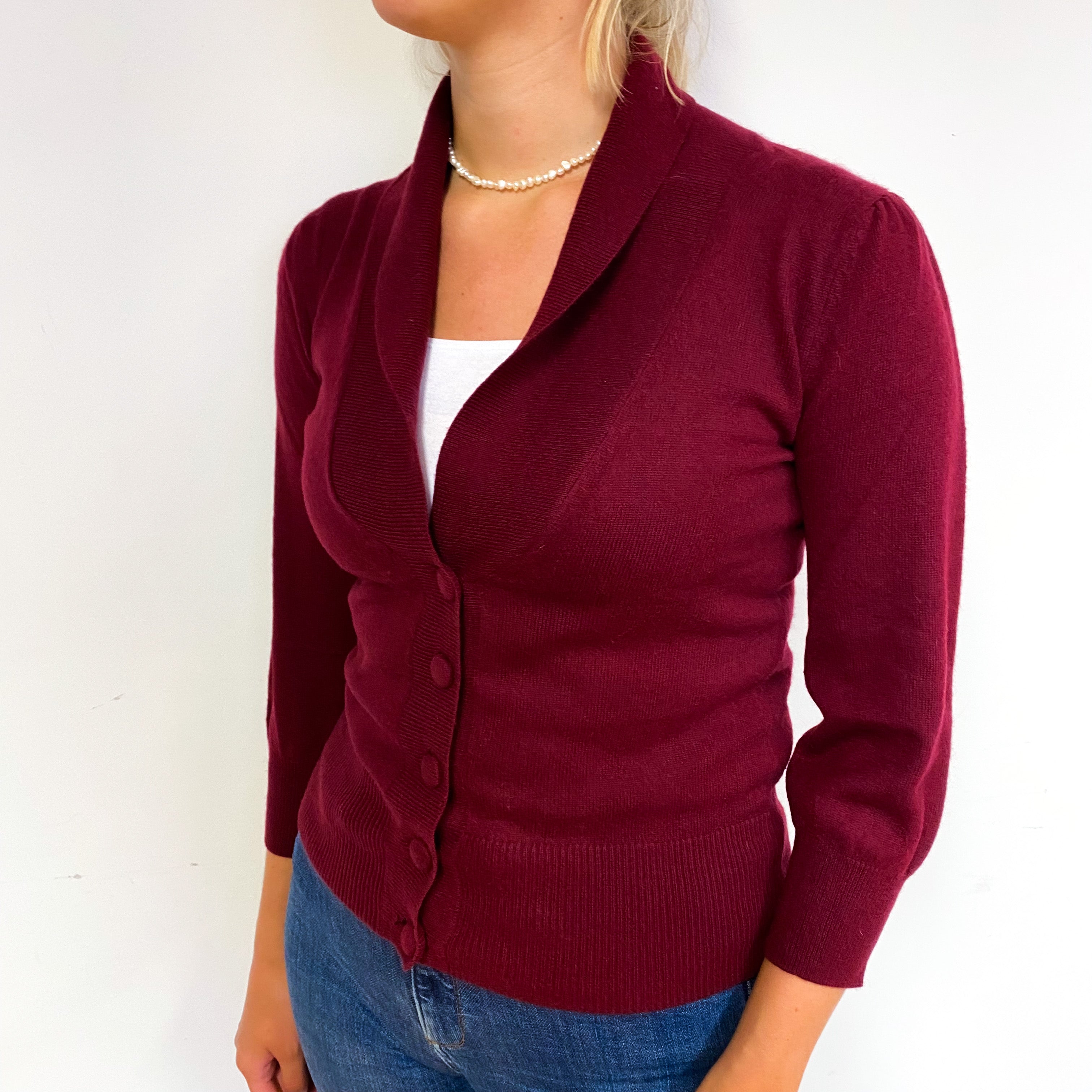 Garnet Red 3/4 Sleeve Cashmere Shawl Collar Cardigan Small