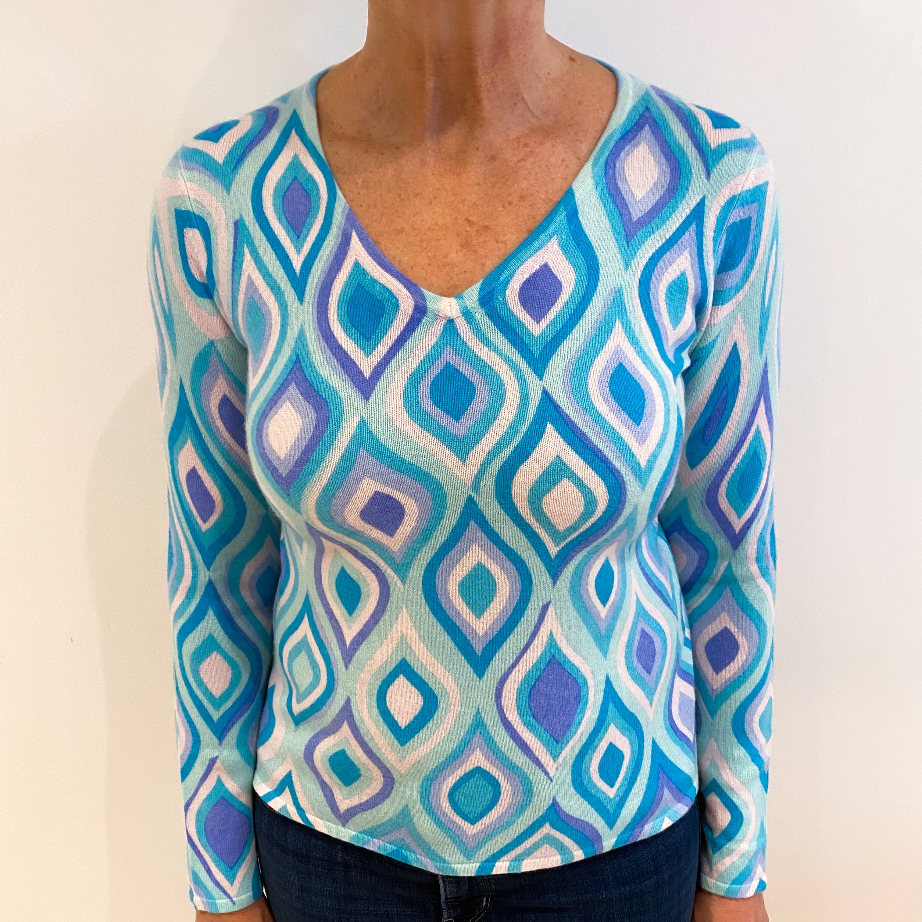 Aqua Blue Patterned Cashmere V Neck Jumper Medium