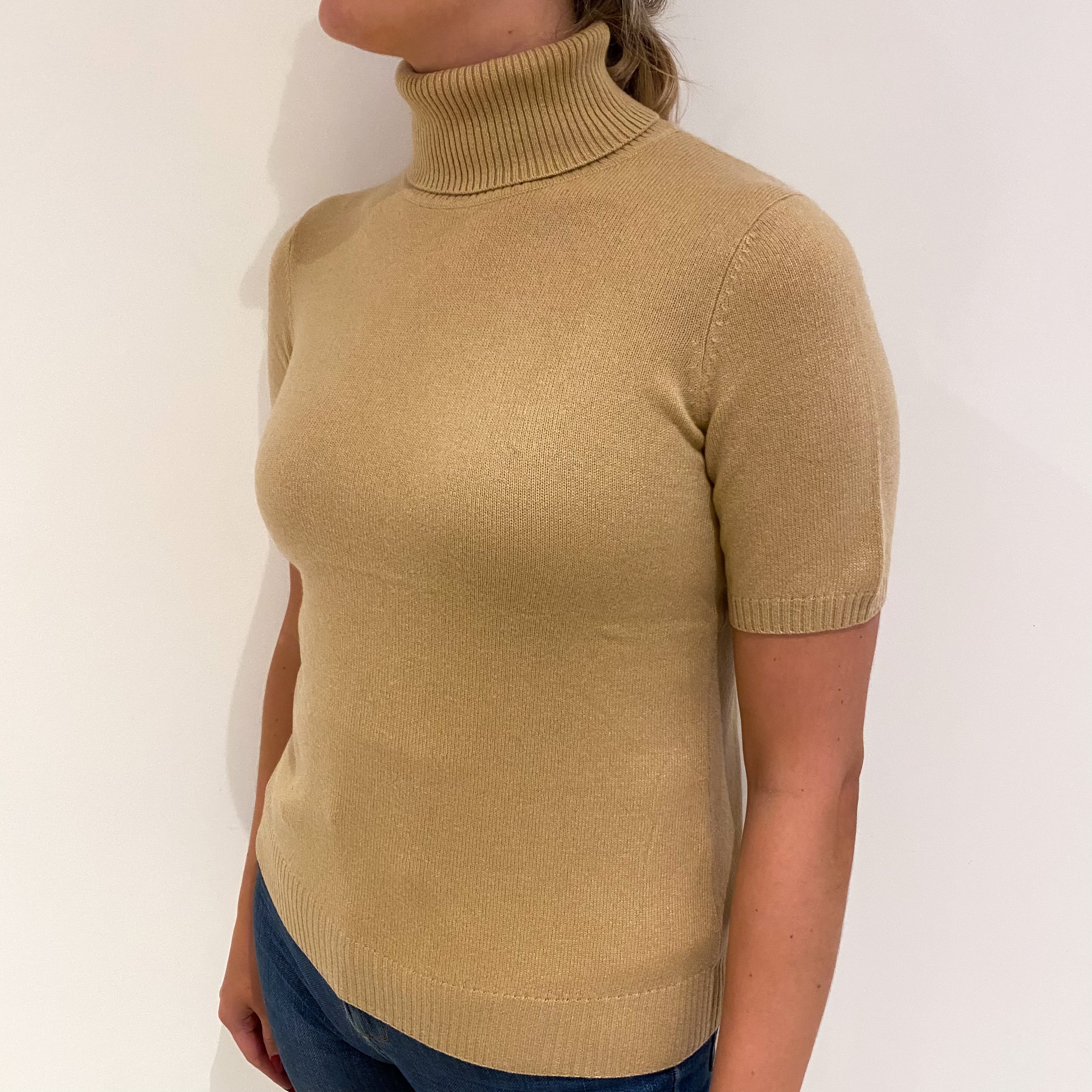 Fudge Brown Cashmere Short Sleeve Polo Neck Jumper Small