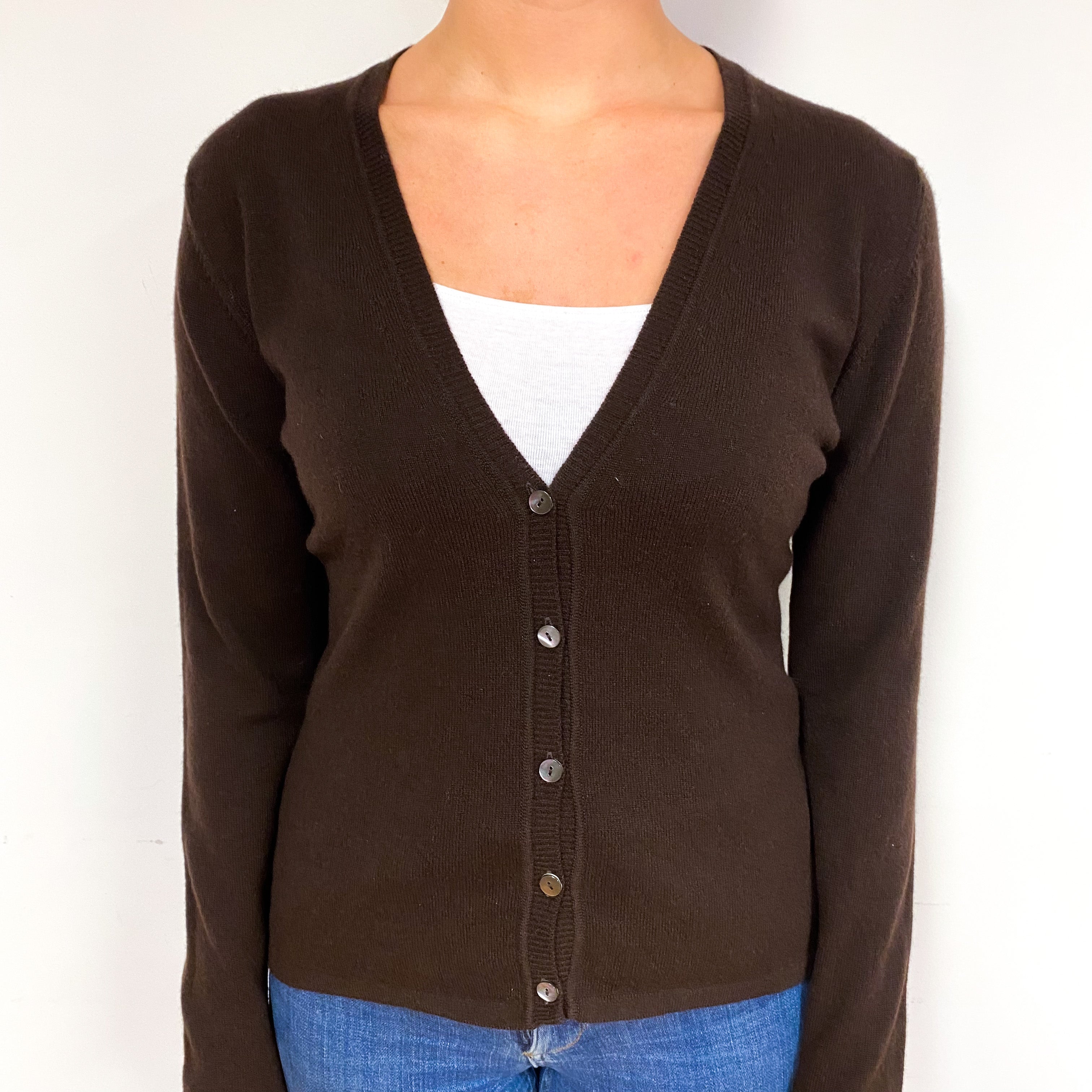 Scottish Peppercorn Brown Cashmere V-Neck Cardigan Small