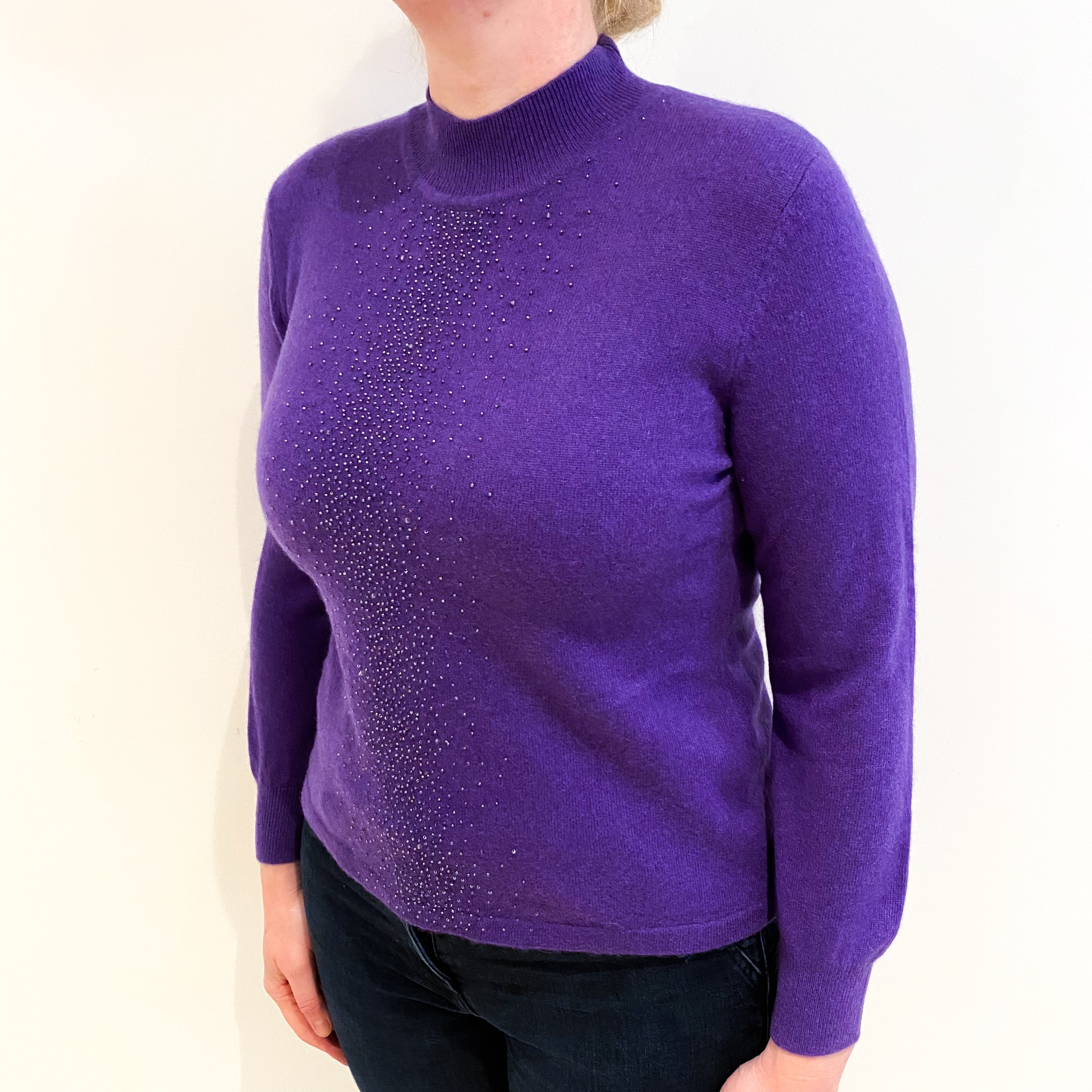 Pansy Purple Beaded Cashmere Polo Neck Jumper Large