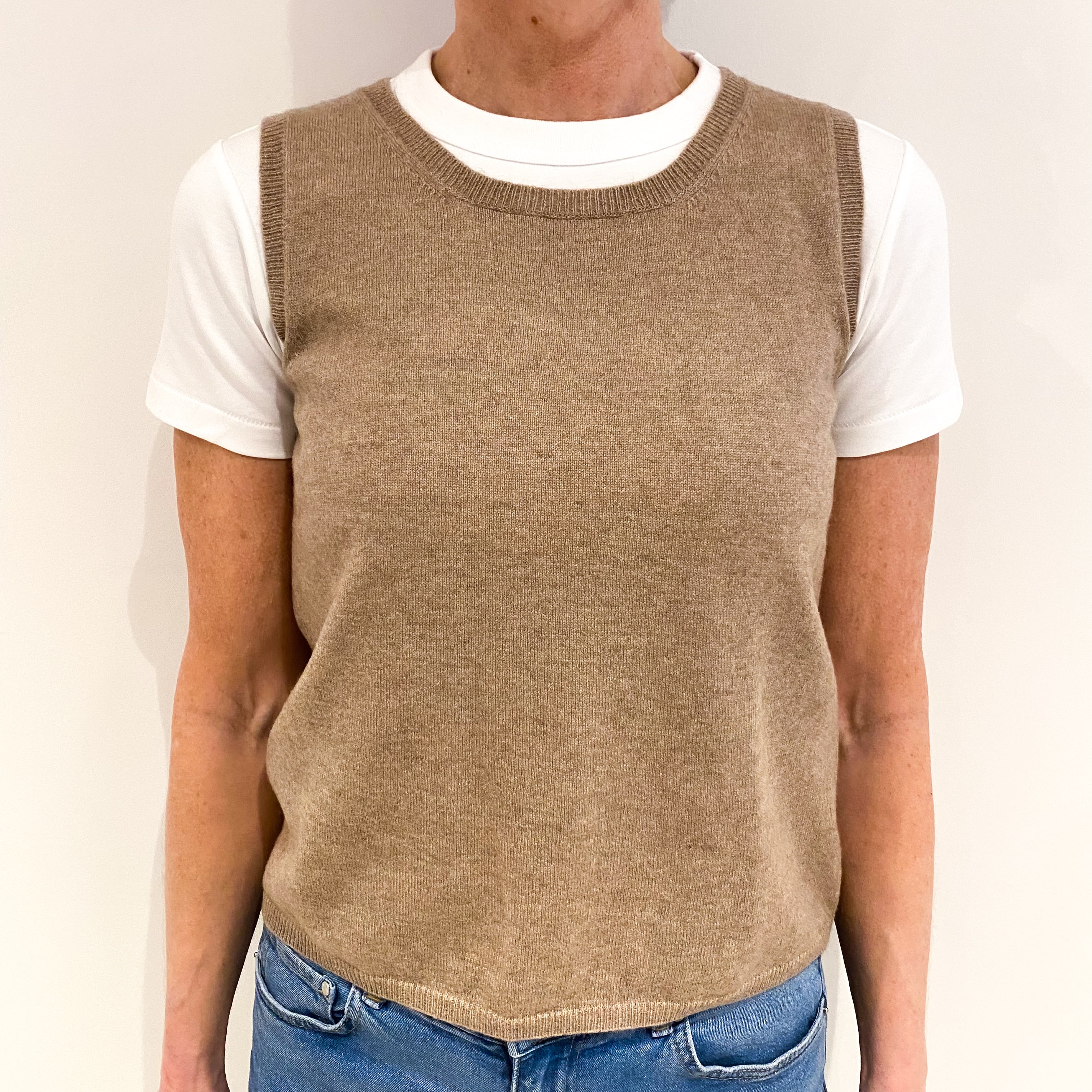 Taupe Brown Cashmere Crew Neck Sleeveless Tank Top Small