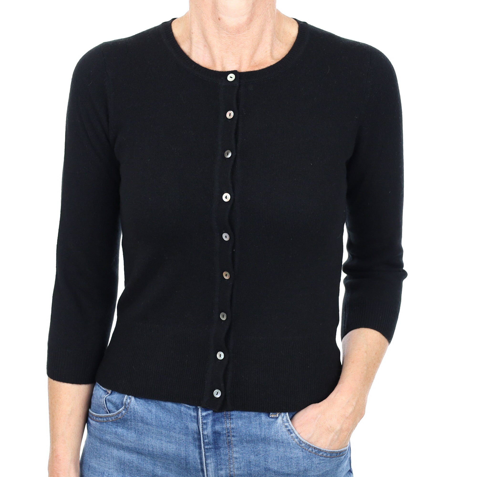 New Black Cashmere Crew Neck Cardigan Small
