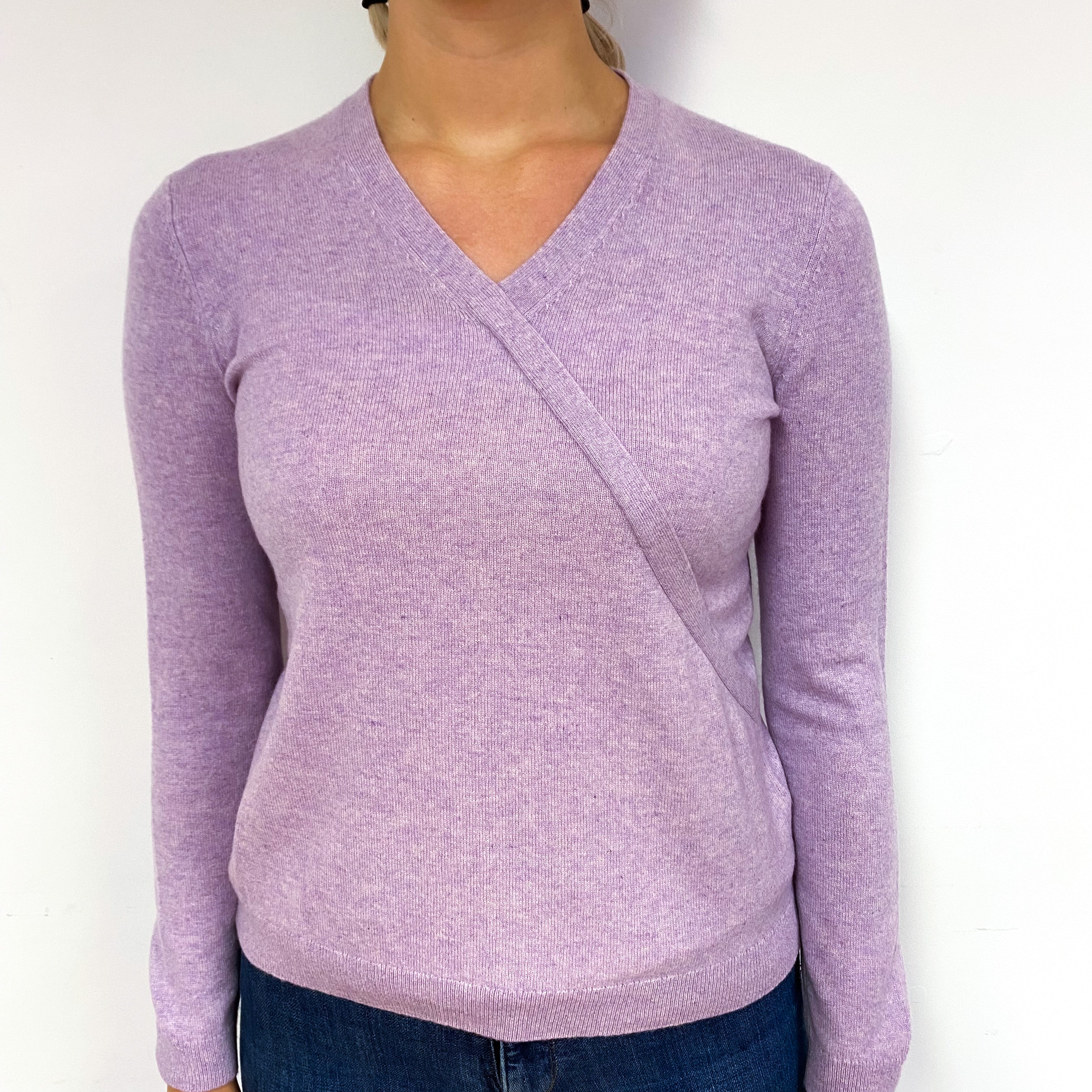 Lilac Purple Cross-Over Cashmere V-Neck Jumper Small