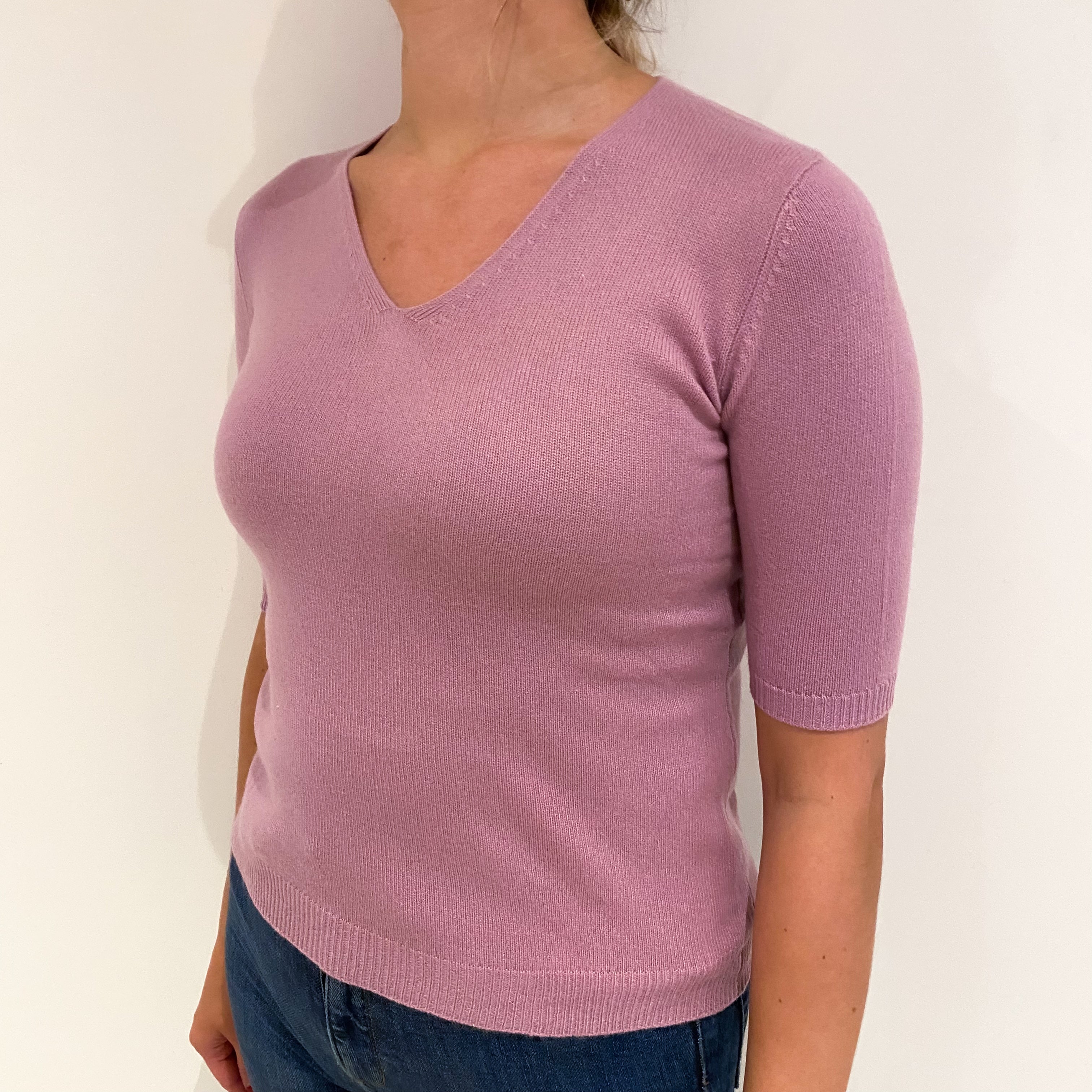 Mauve Purple Cashmere V Neck Short Sleeved Jumper Small