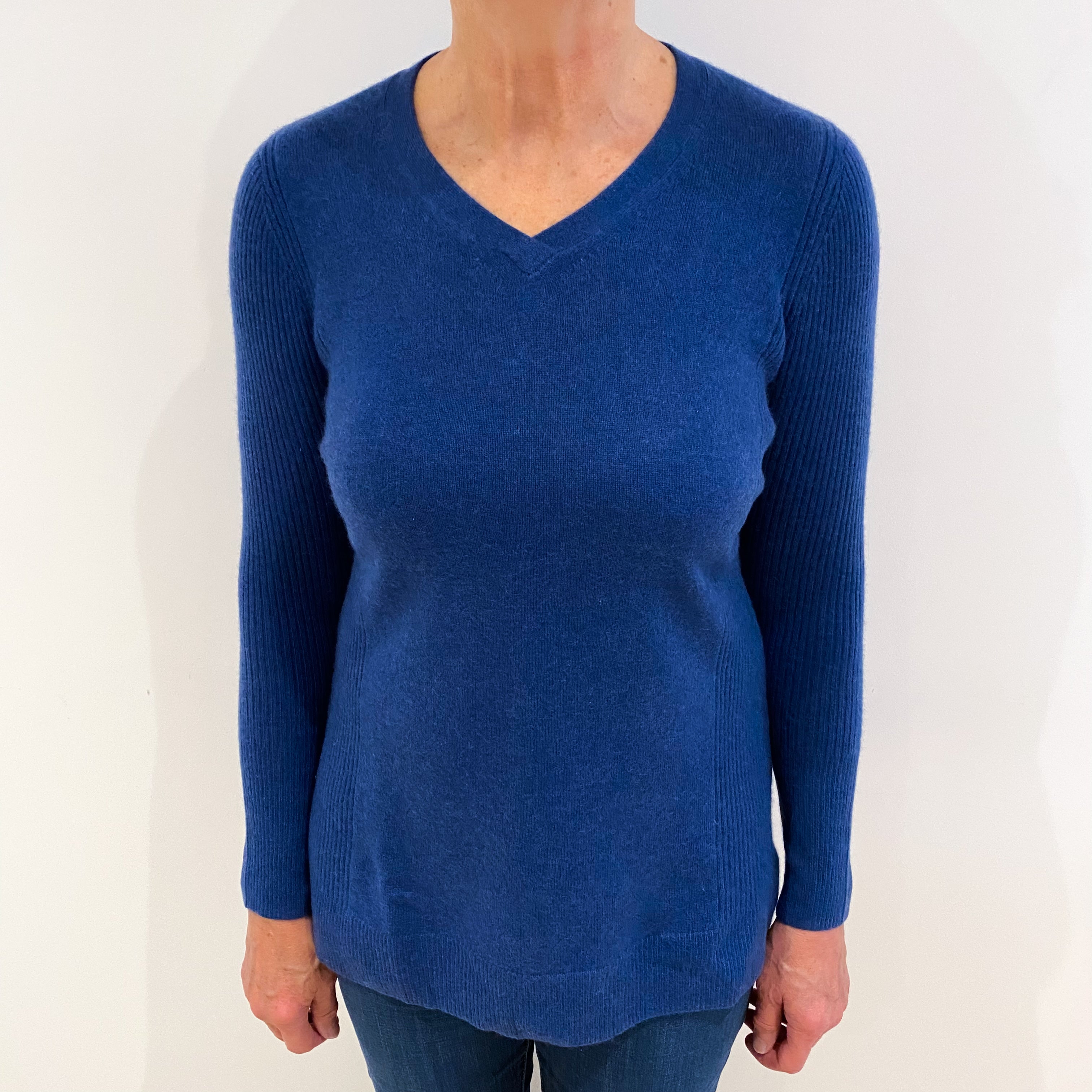 Dark Blue Denim Cashmere V Neck Jumper with Rubbed Arms and Sides Medium