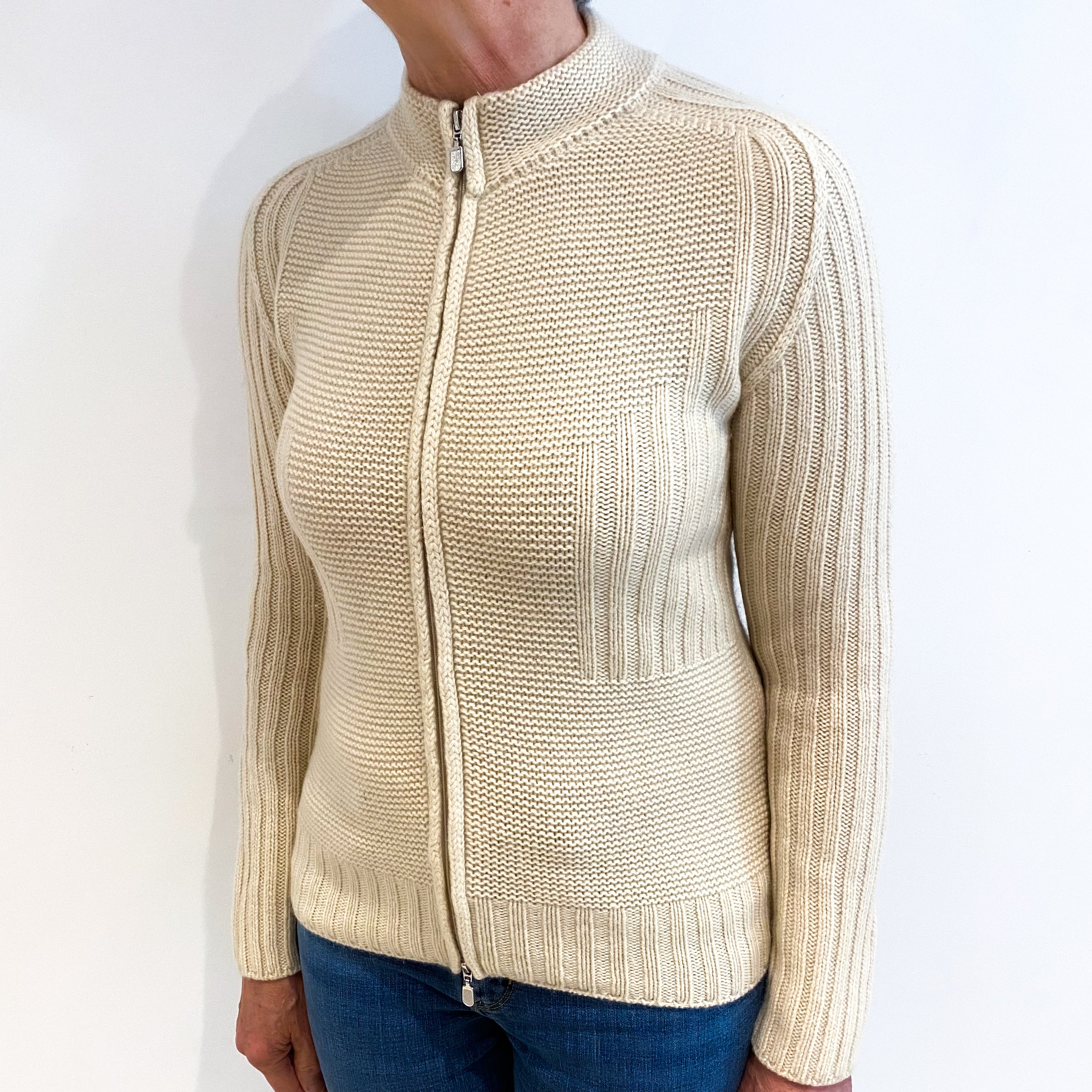 Pale Beige Cashmere Turtle Neck Zip Up Cardigan Medium