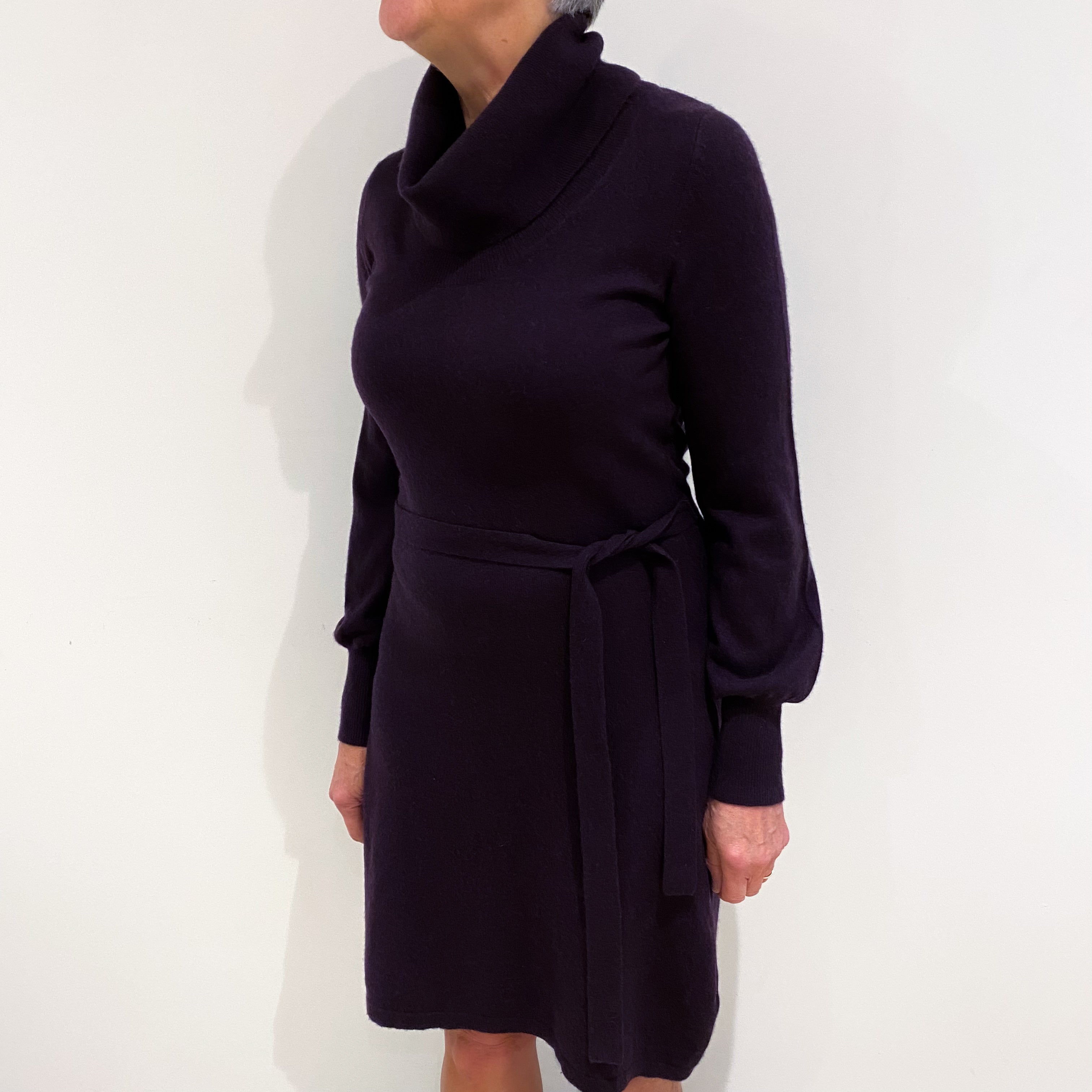 Deep Purple Cashmere Polo Neck Belted Dress Medium