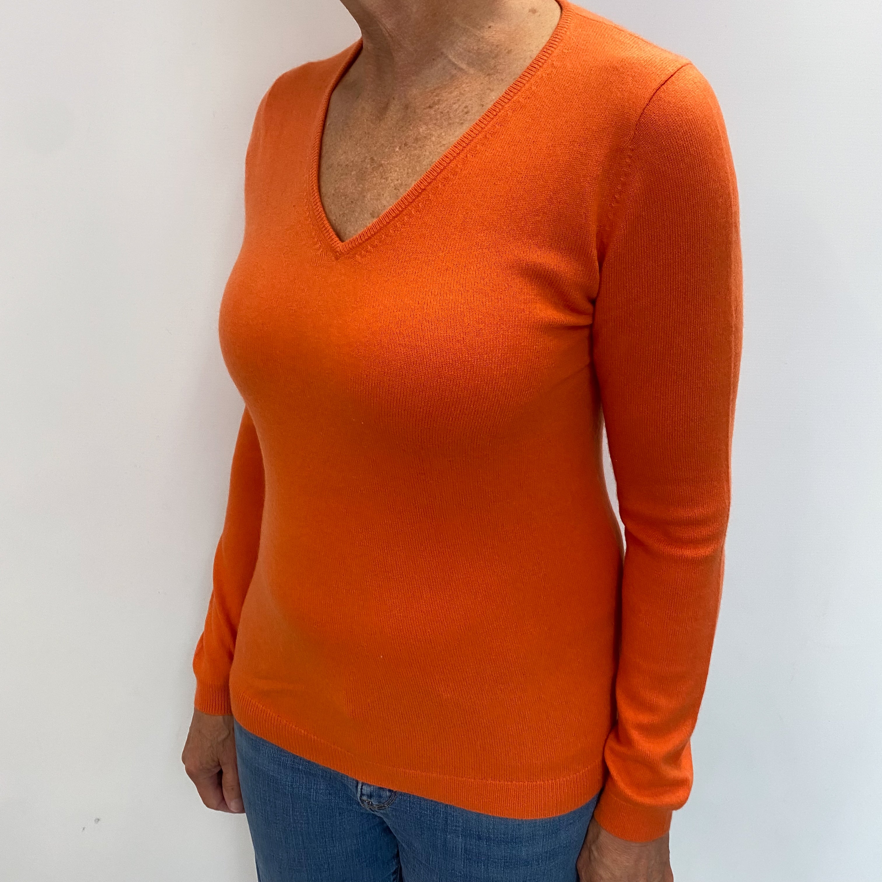 Tangerine Orange Cashmere V Neck Jumper Medium