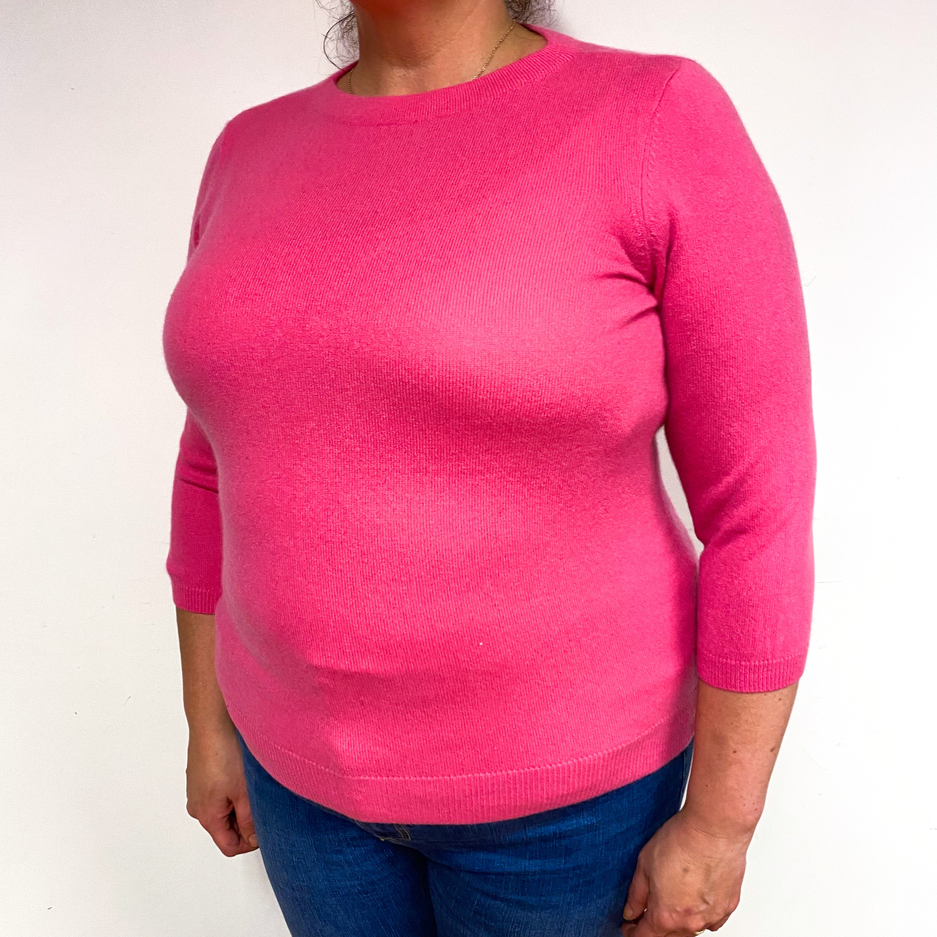 Hot Pink 3/4 Sleeve Cashmere Crew Neck Jumper Extra Large
