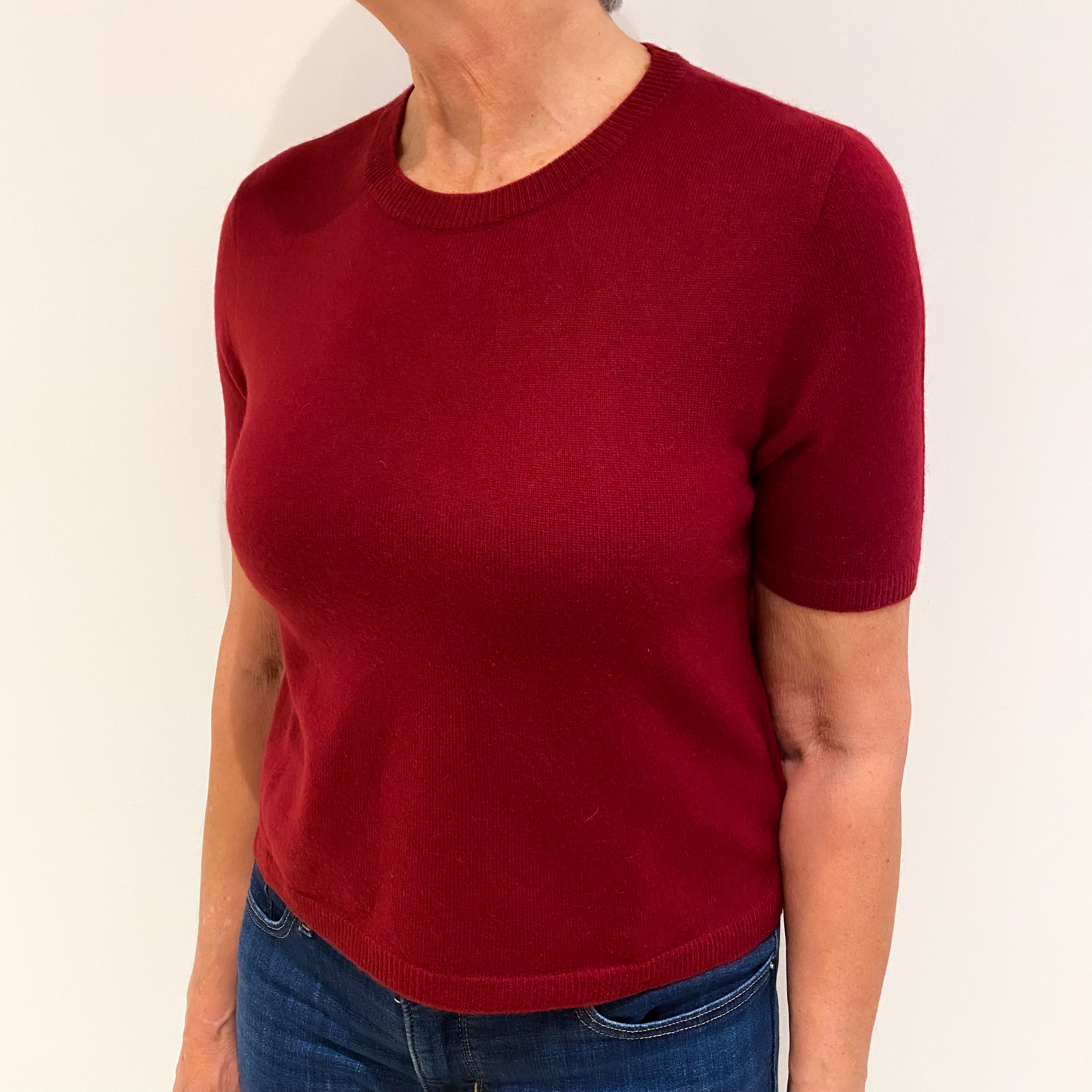 Maroon Red Short Sleeved Cashmere Crew Neck Jumper Medium