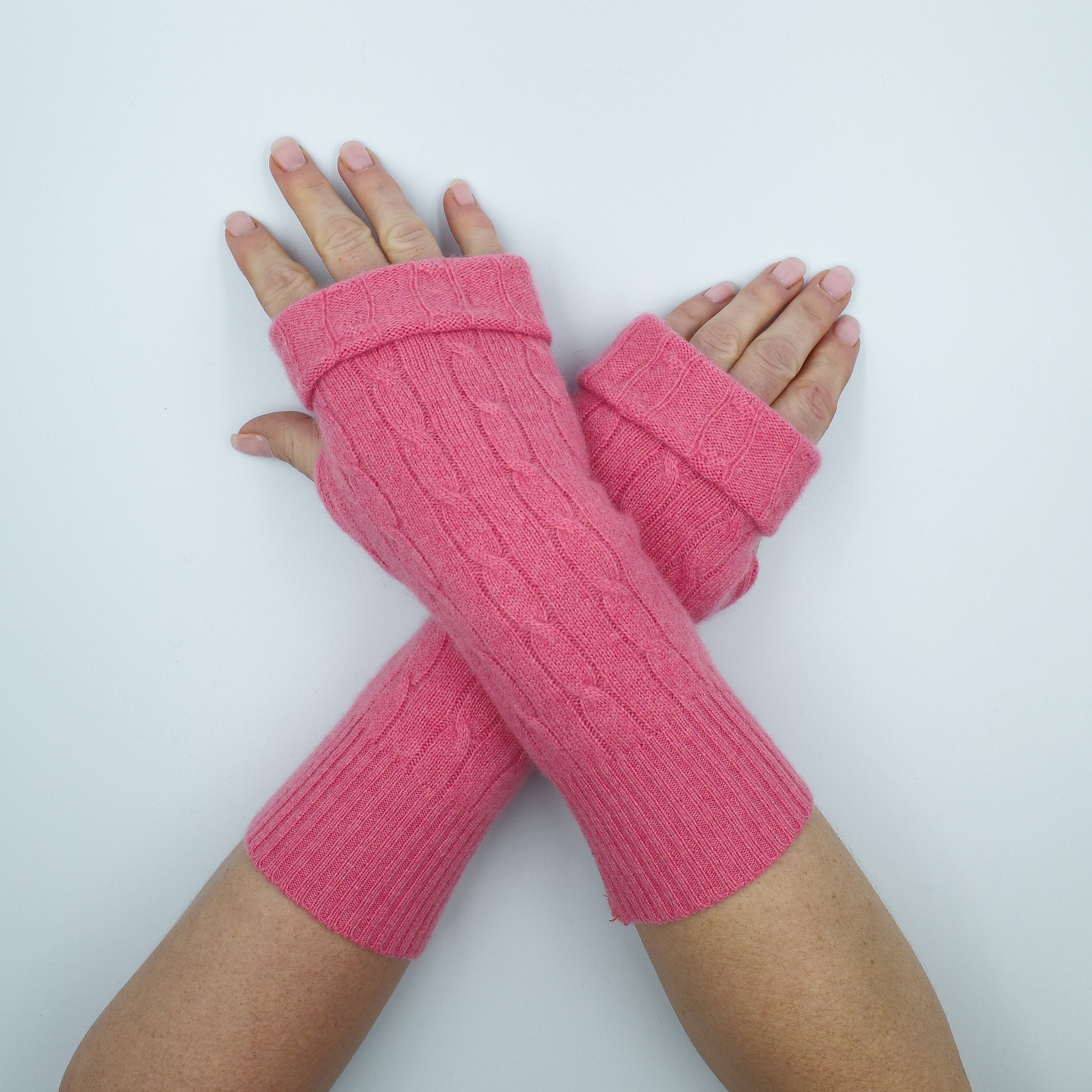 Flamingo Pink Cable Fingerless Gloves