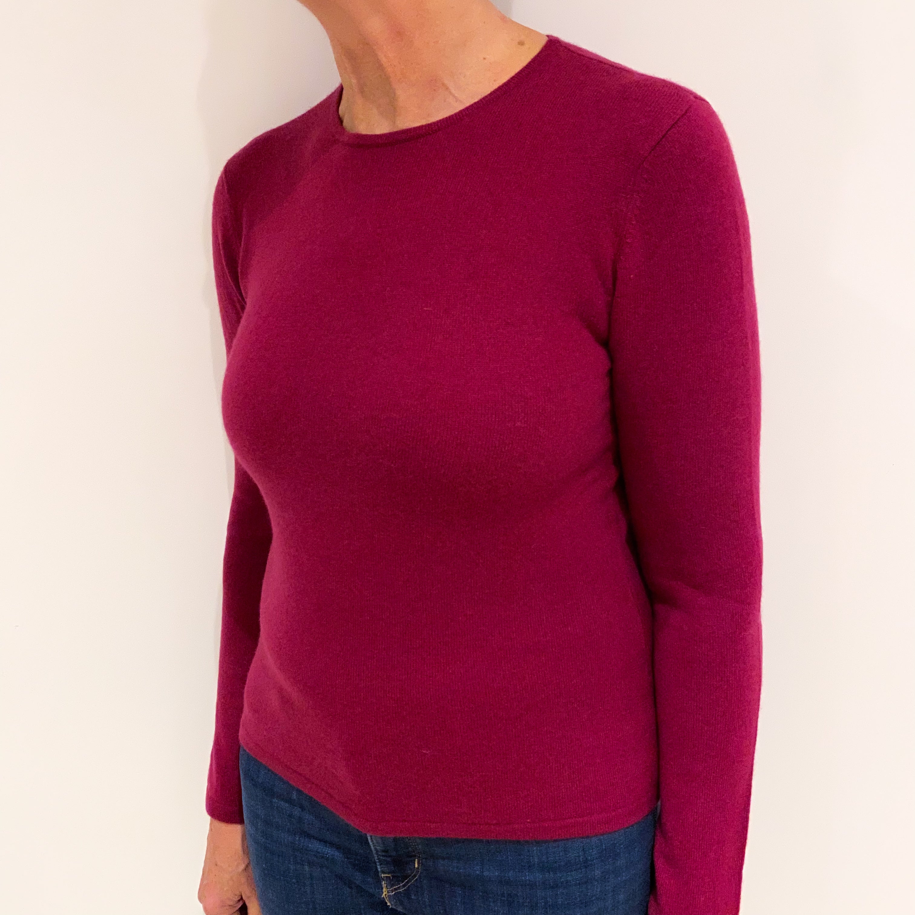 Deep Raspberry Pink Cashmere Crew Neck Jumper Medium