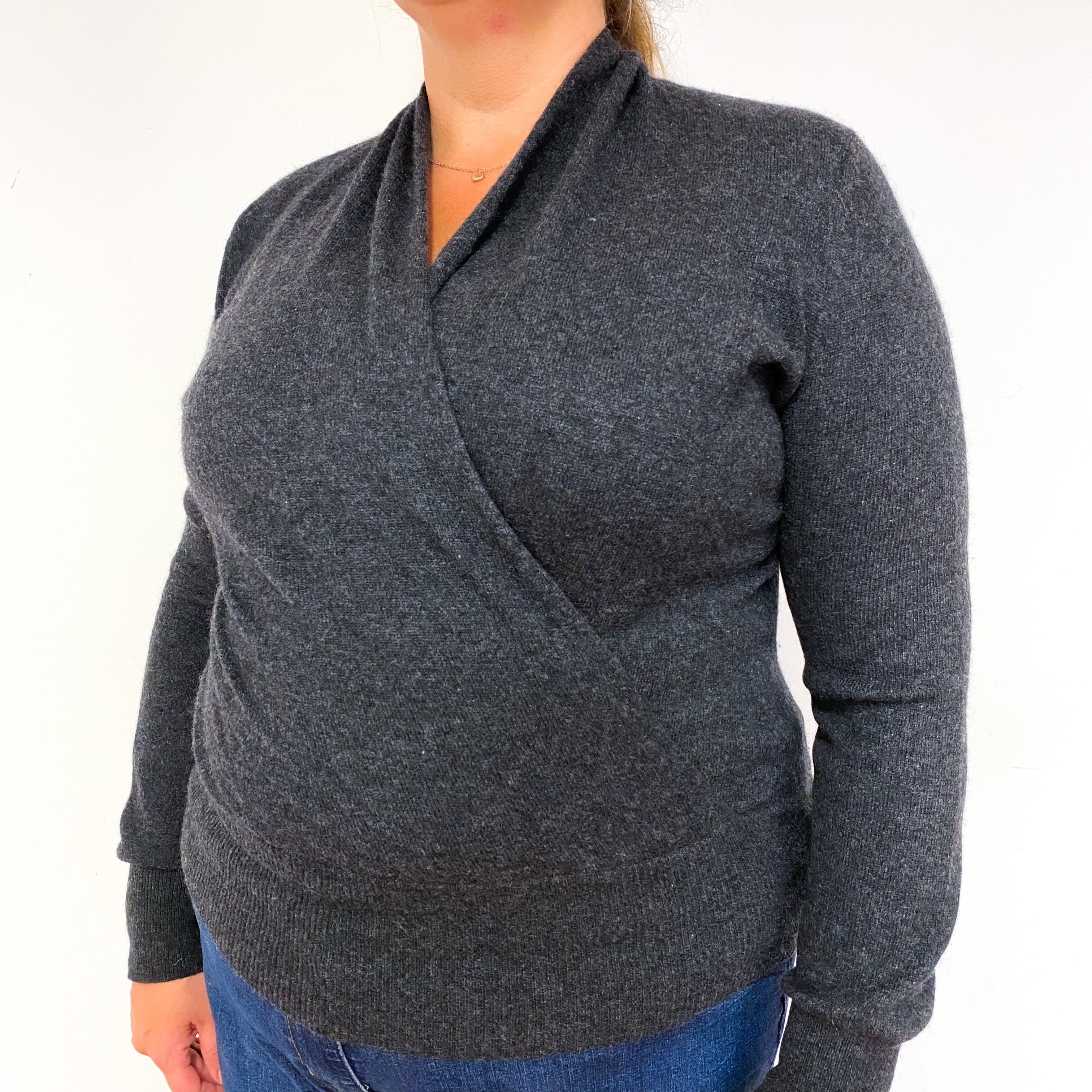 Slate Grey Cross Over Cashmere V-Neck Jumper Extra Large