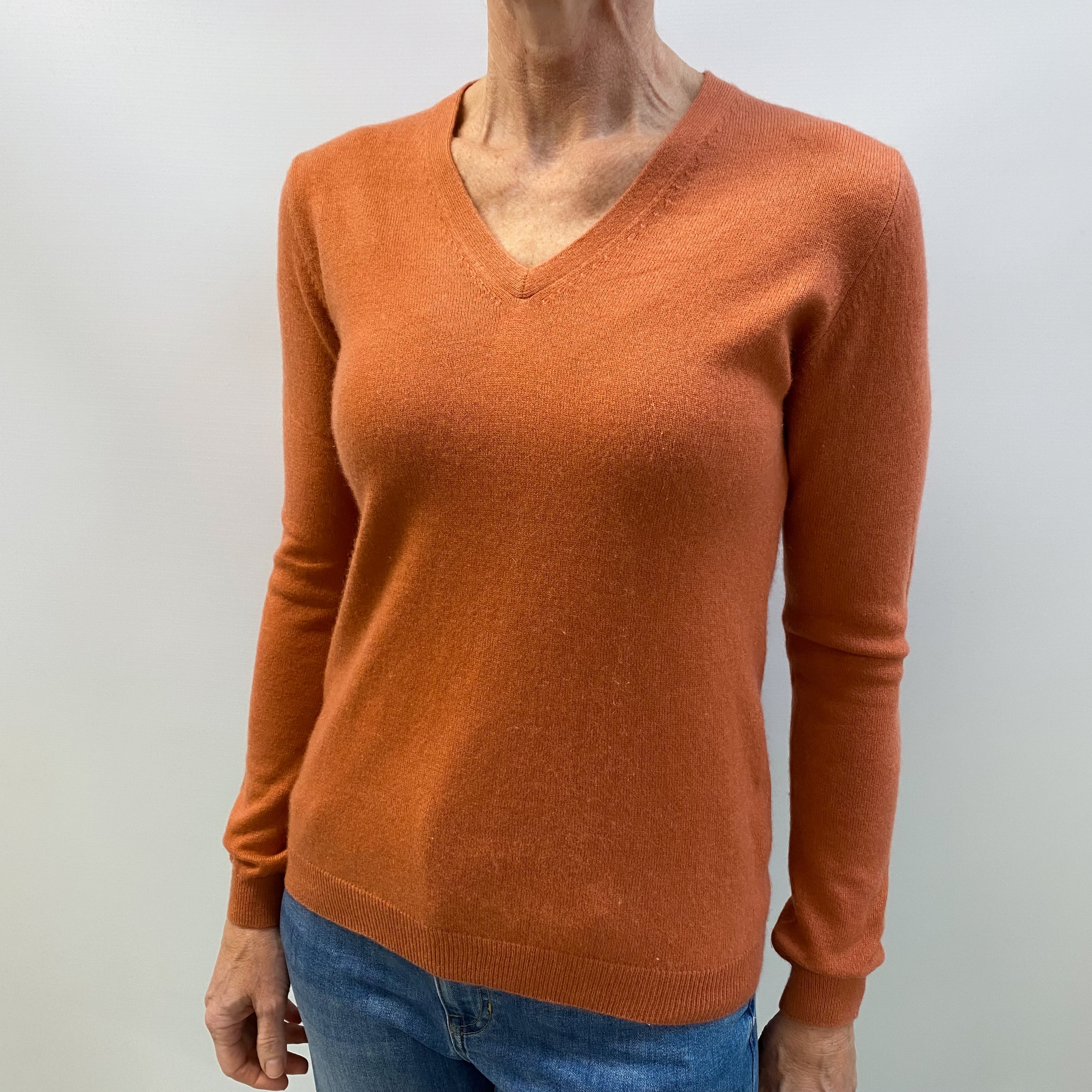 Terracotta Orange Cashmere V Neck Jumper Small