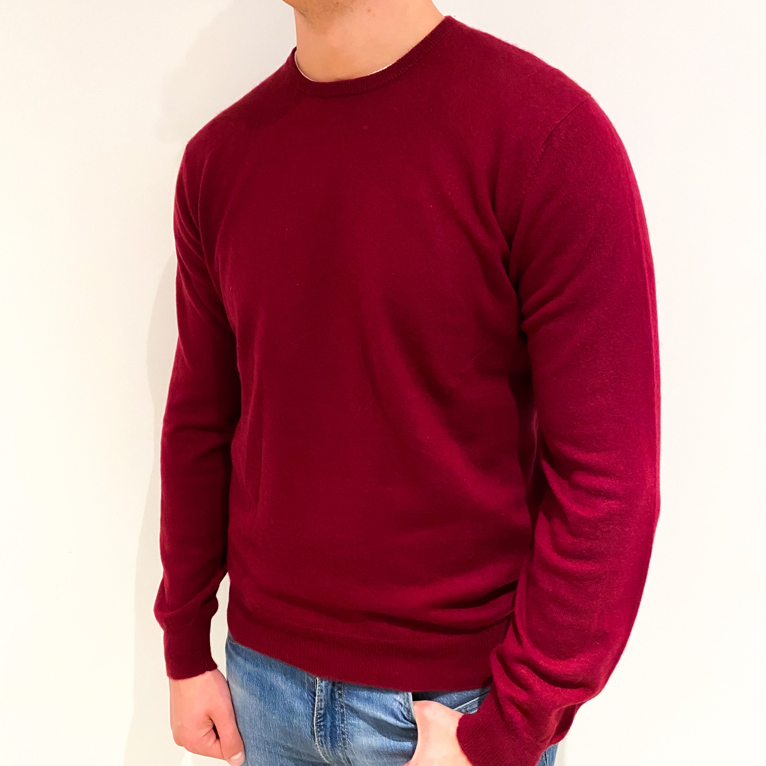 Men's Burgundy Red Cashmere Crew Neck Jumper XL