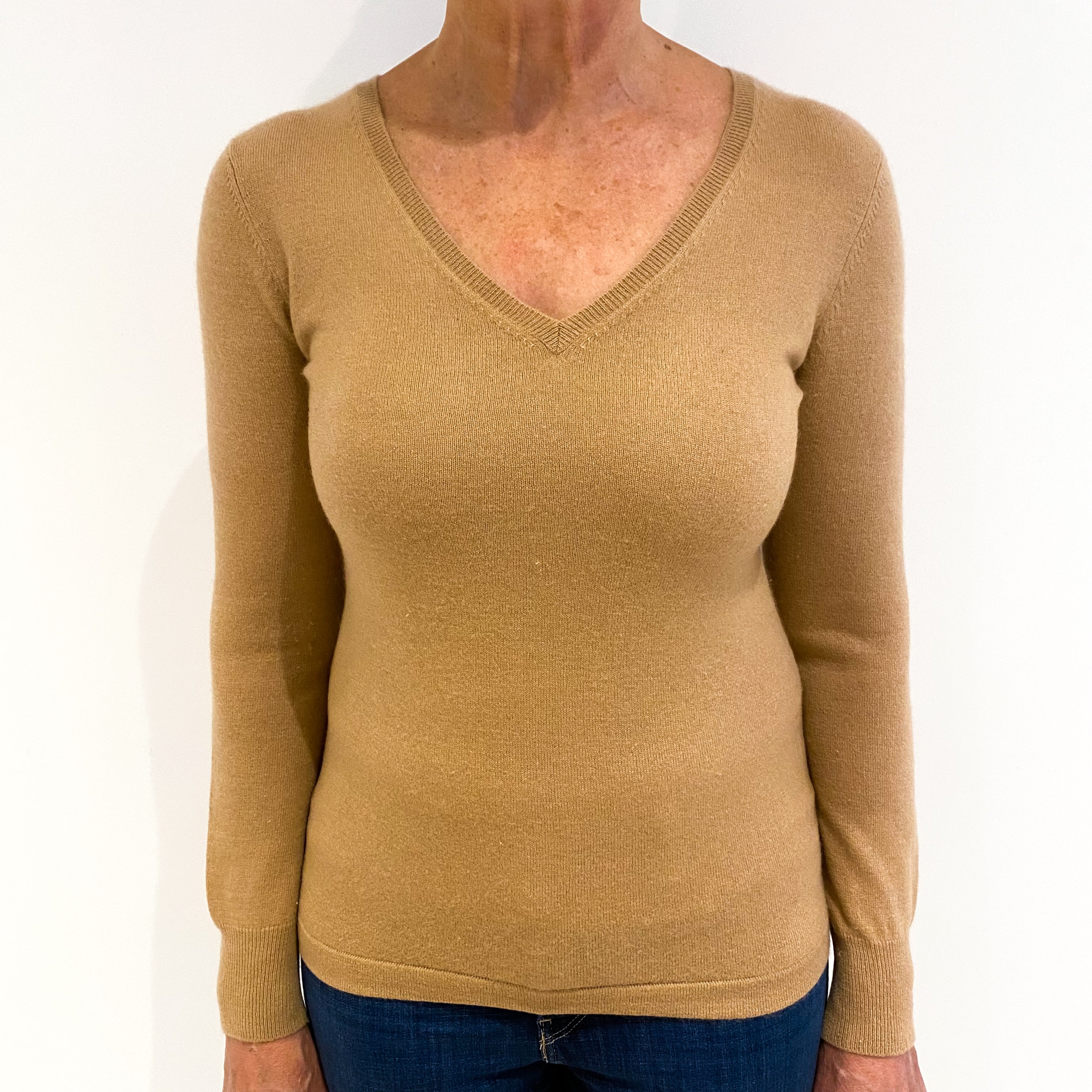Camel Brown Cashmere V-Neck Jumper Medium