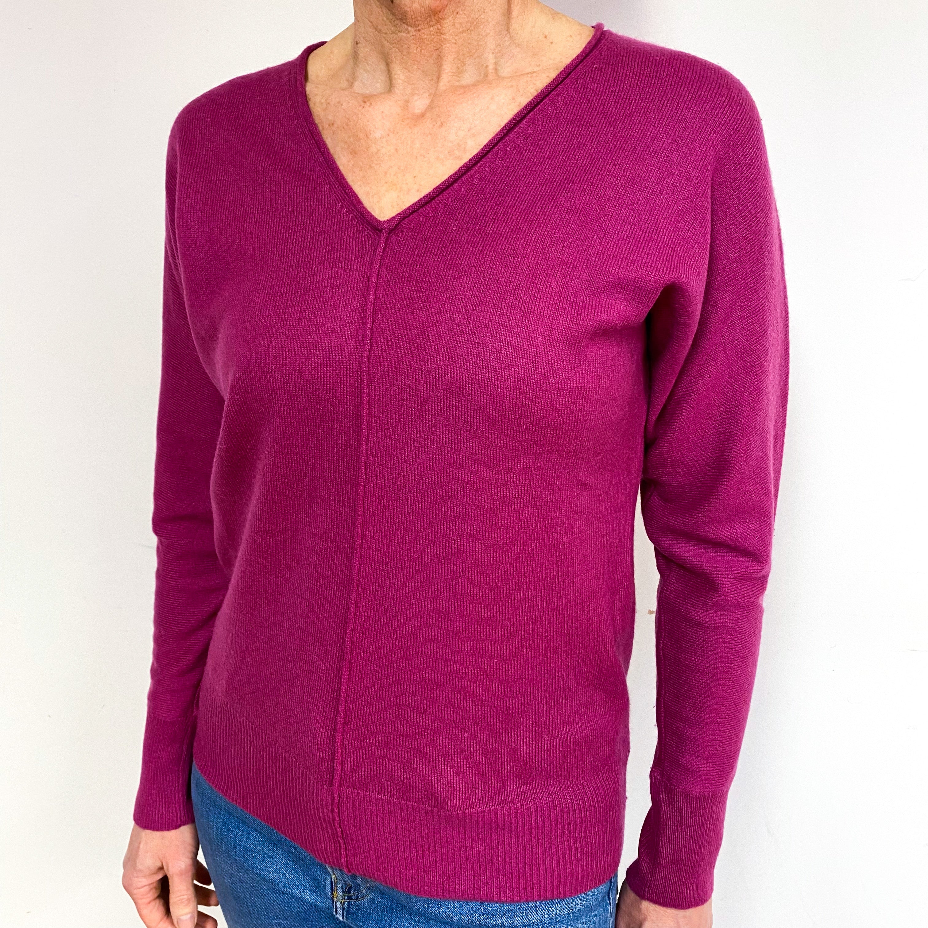 Magenta Pink Cashmere V-Neck Jumper Medium