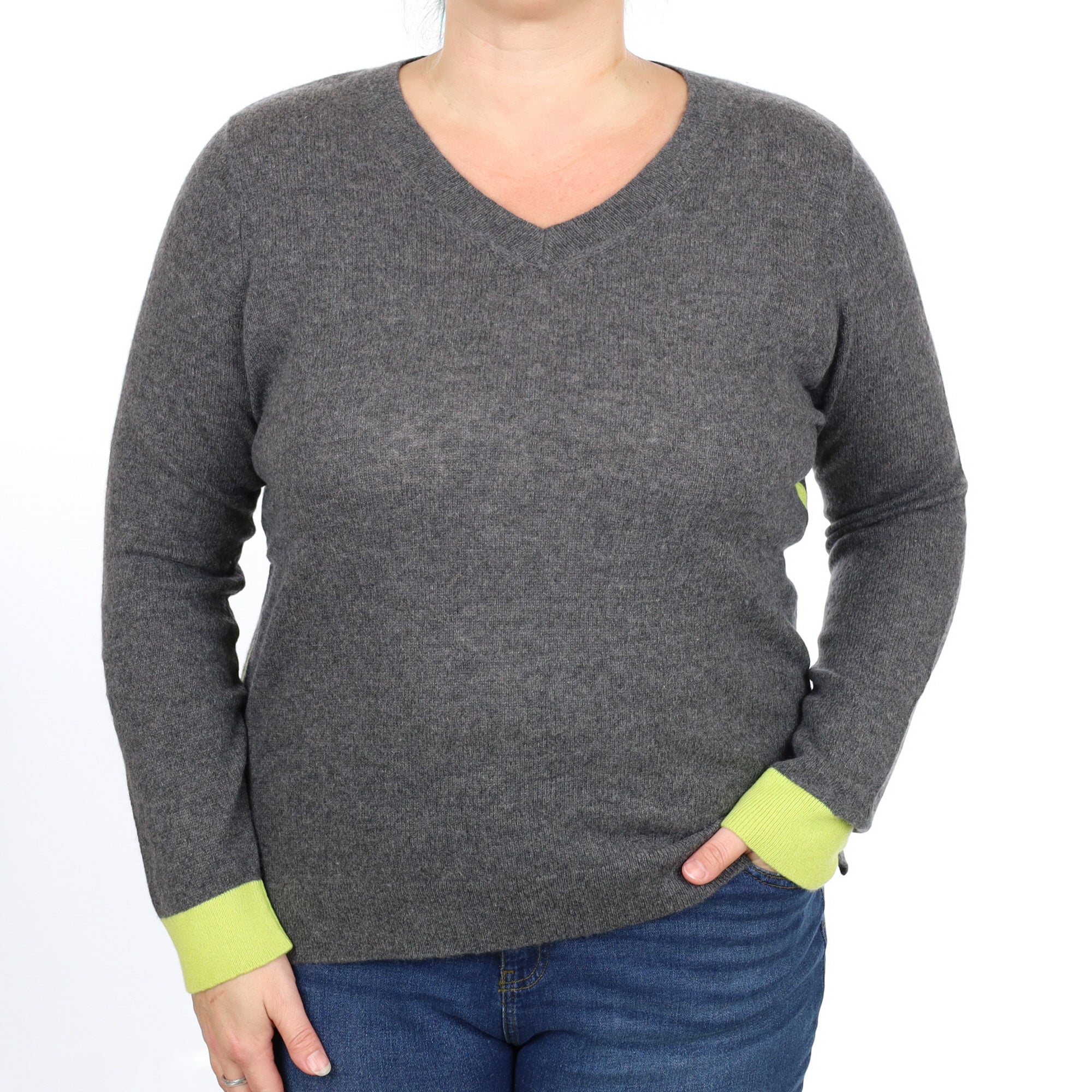 Slate Grey and Chartreuse Cashmere V Neck Jumper Large
