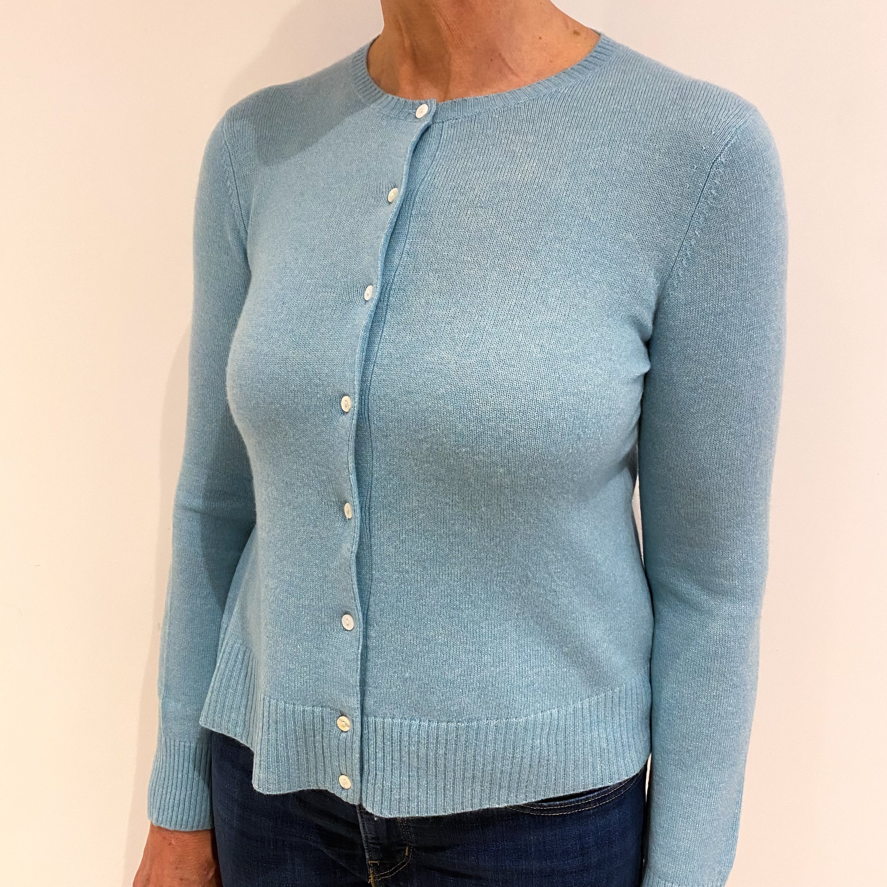 Pale Aqua Blue Cashmere Crew Neck Cardigan Medium