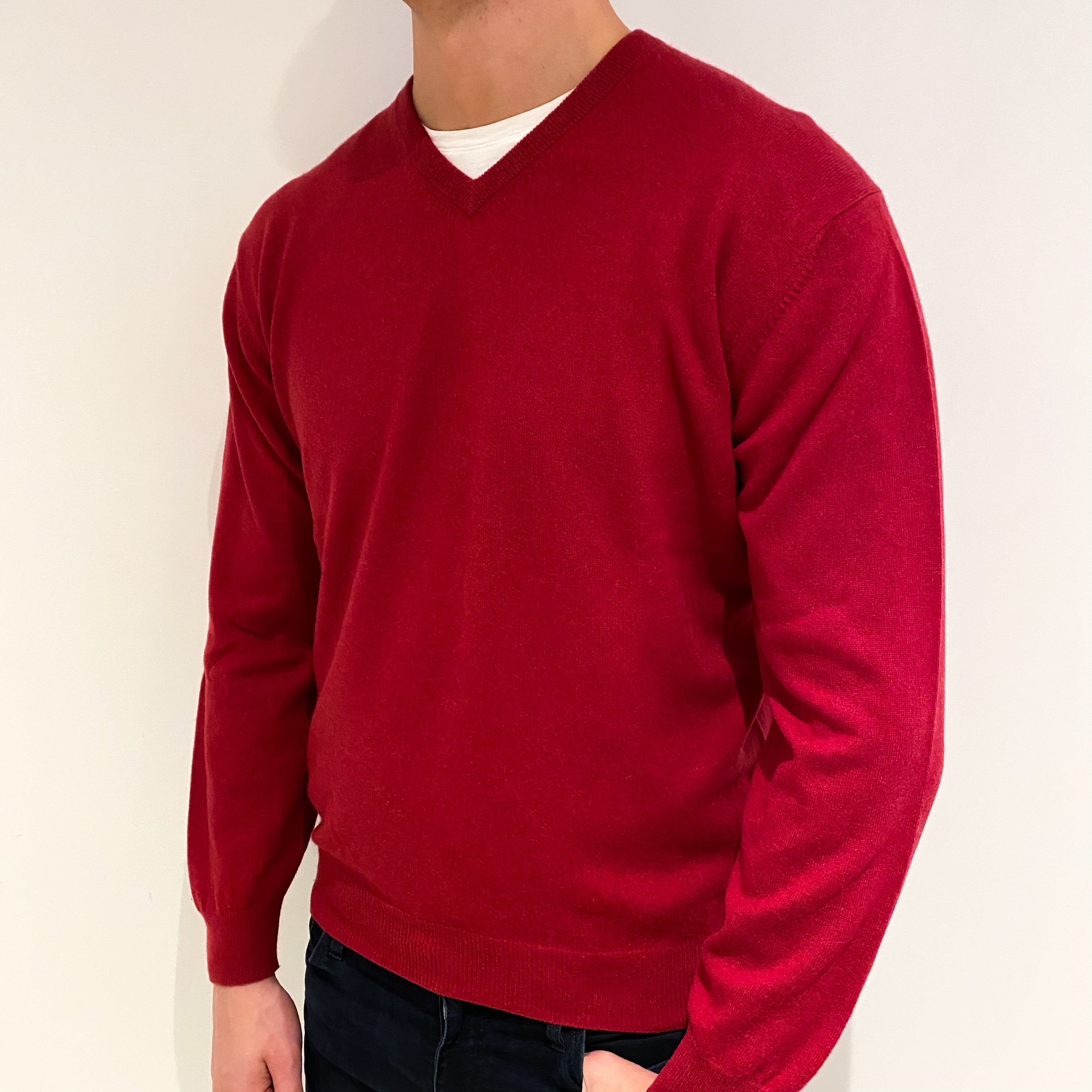 Men's Crimson Red Cashmere V Neck Jumper XL