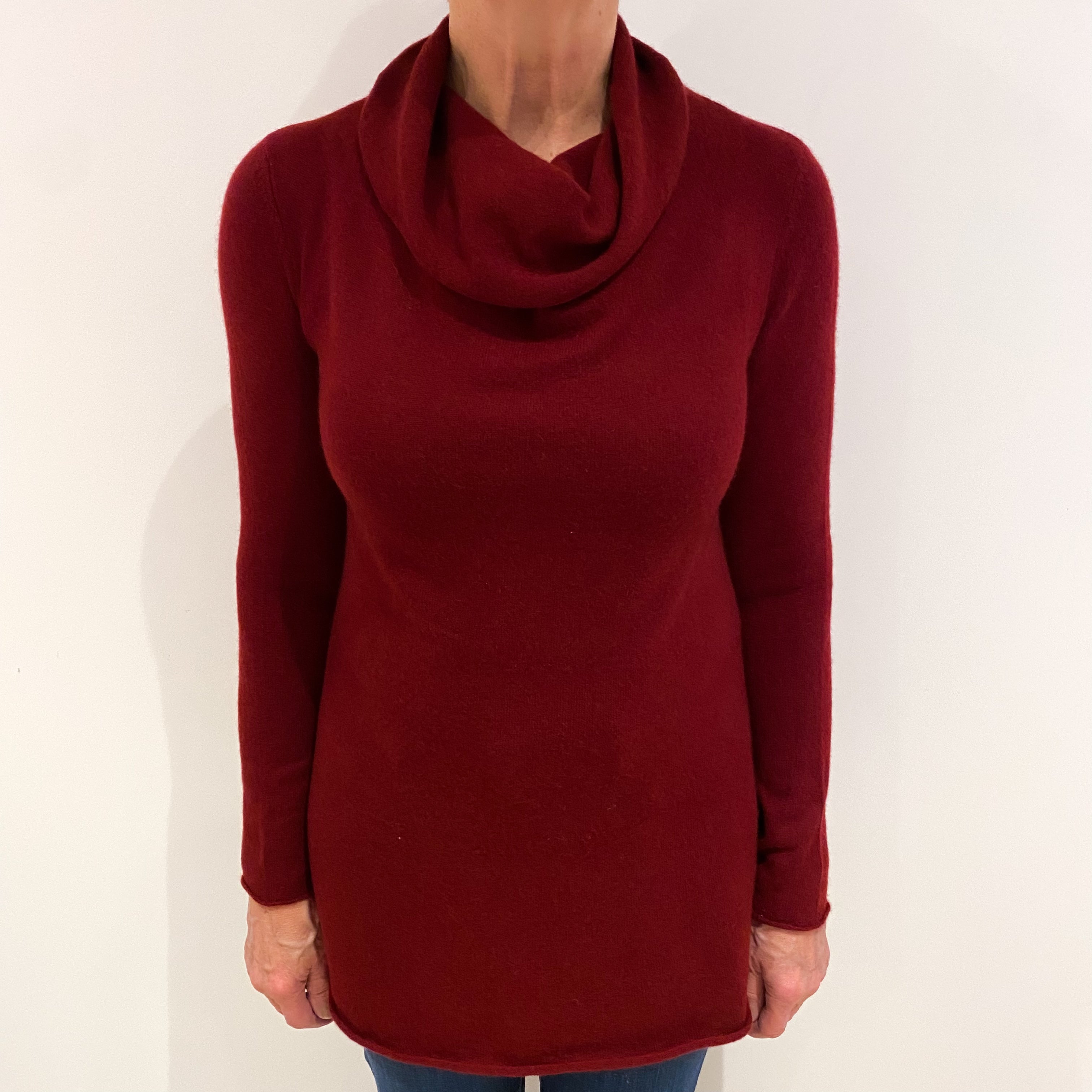 Maroon Red Cashmere Cowl Neck Tunic Jumper Medium