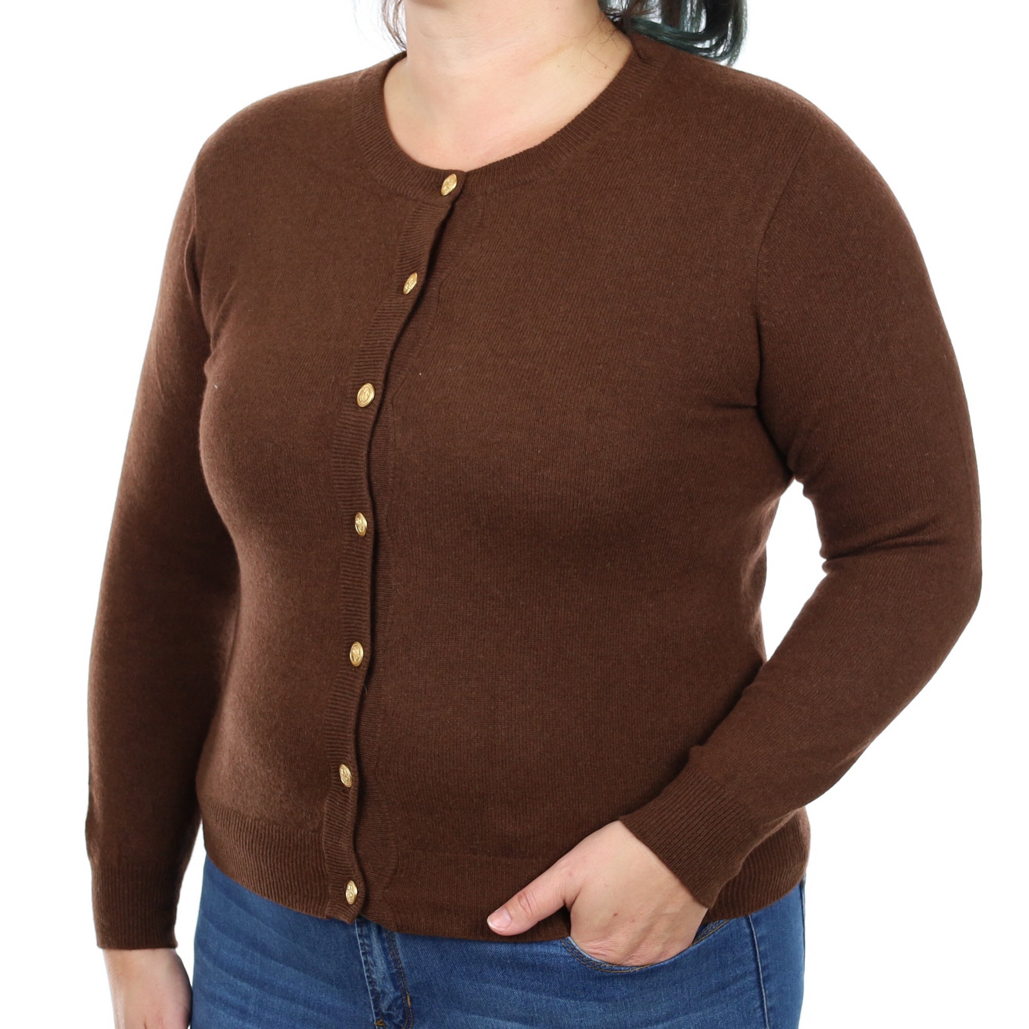 Auburn Brown Cashmere Crew Neck Cardigan Large