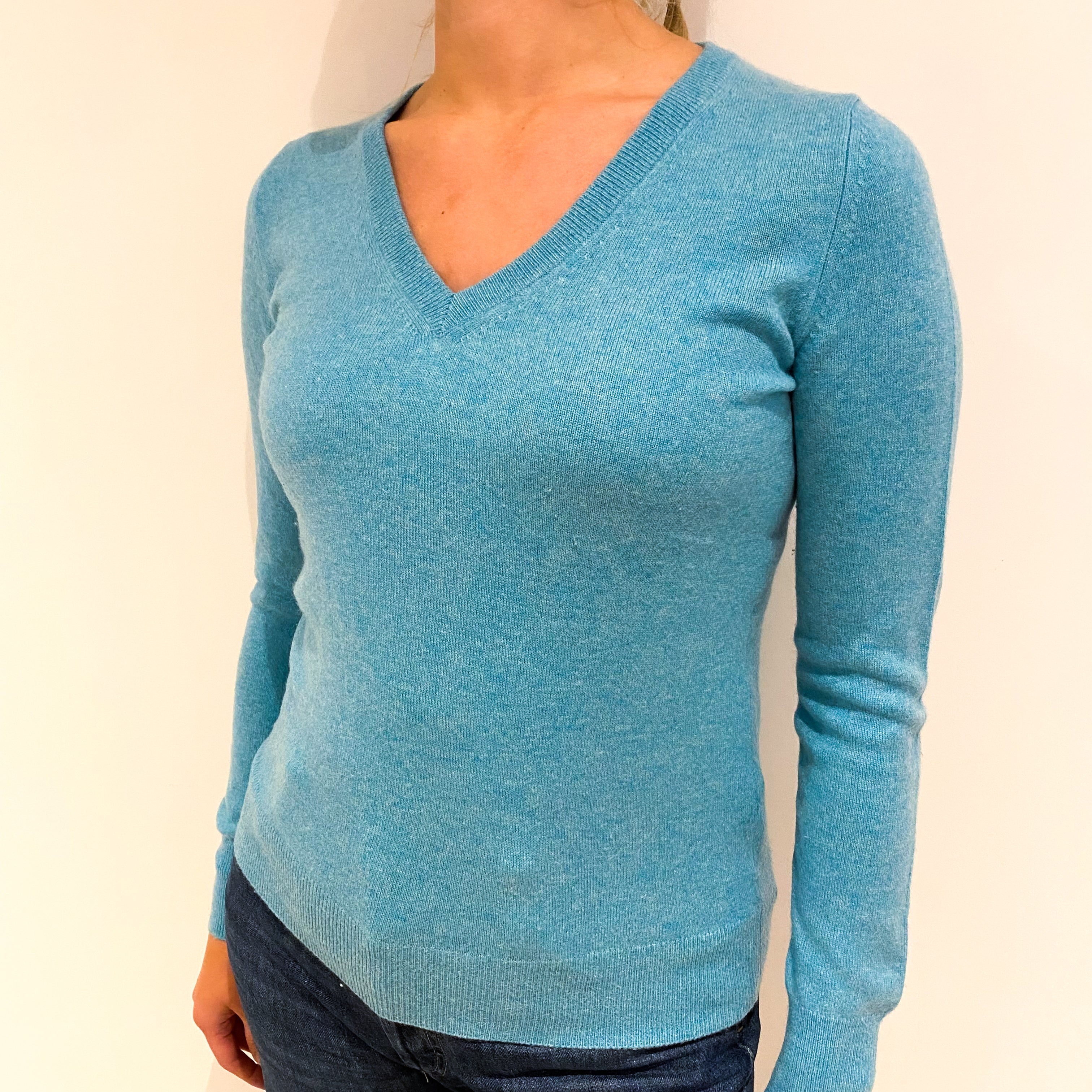 Turquoise Blue Cashmere V-Neck Jumper Small