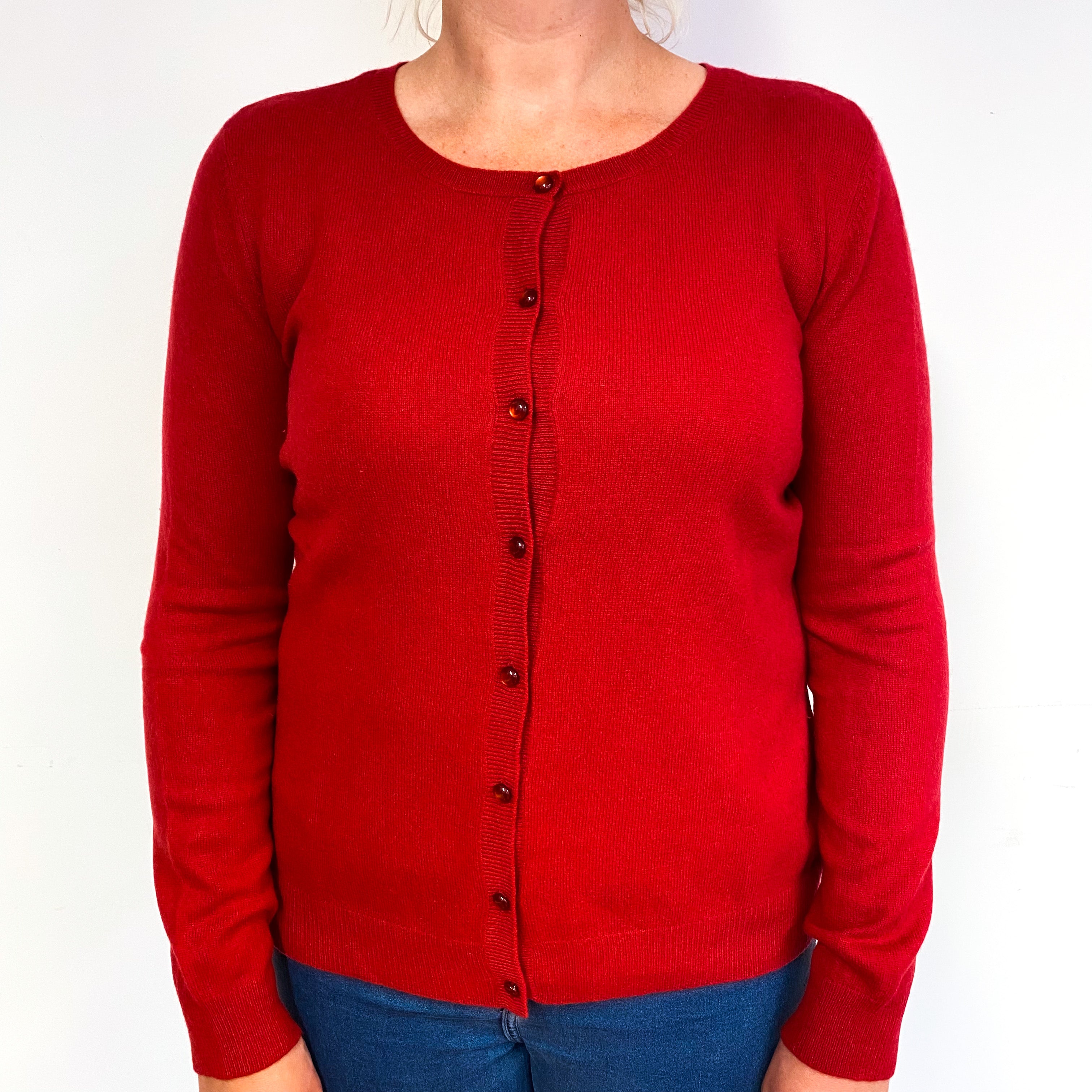 Post Box Red Cashmere Crew Neck Cardigan Large