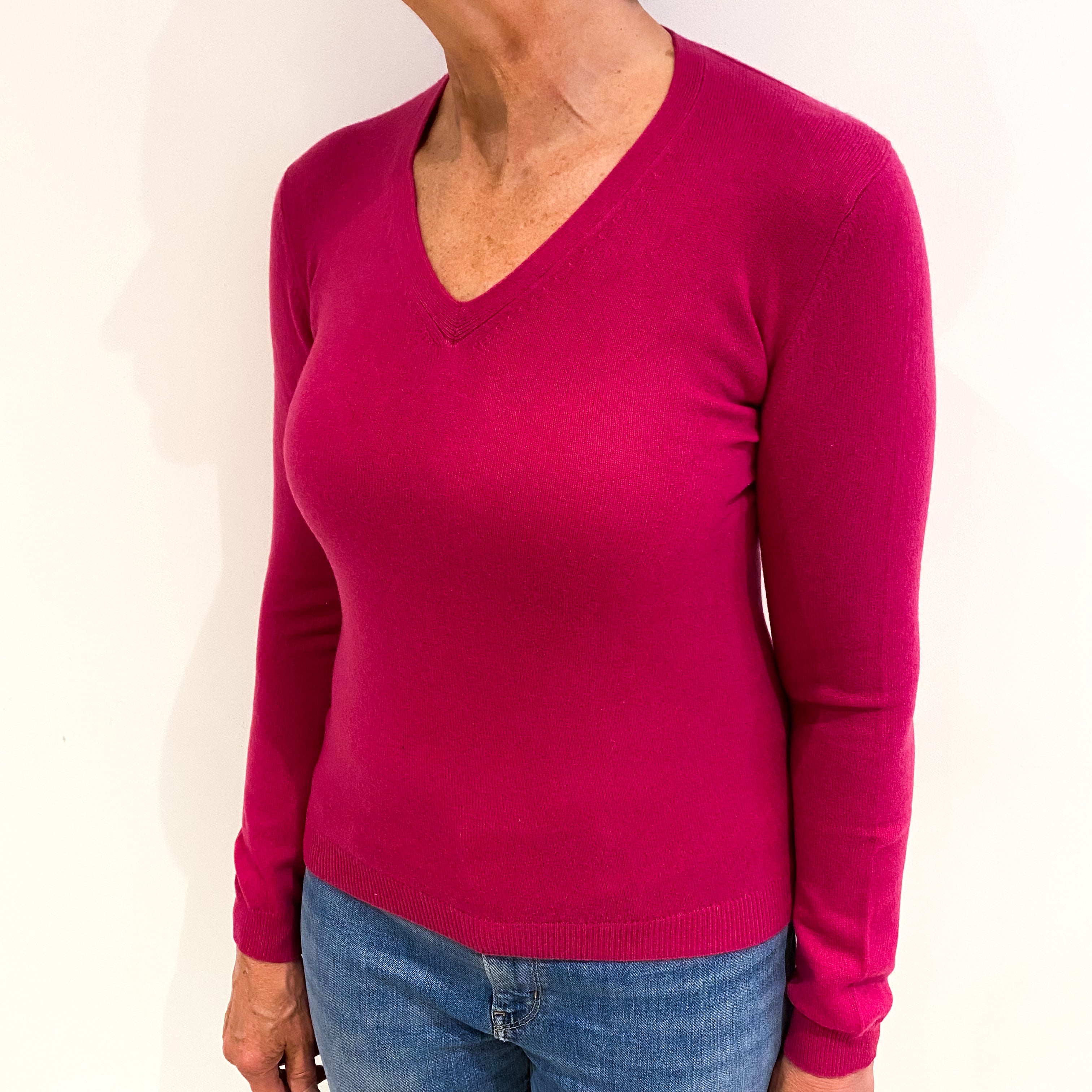 Fuchsia Pink Cashmere V Neck Jumper Medium