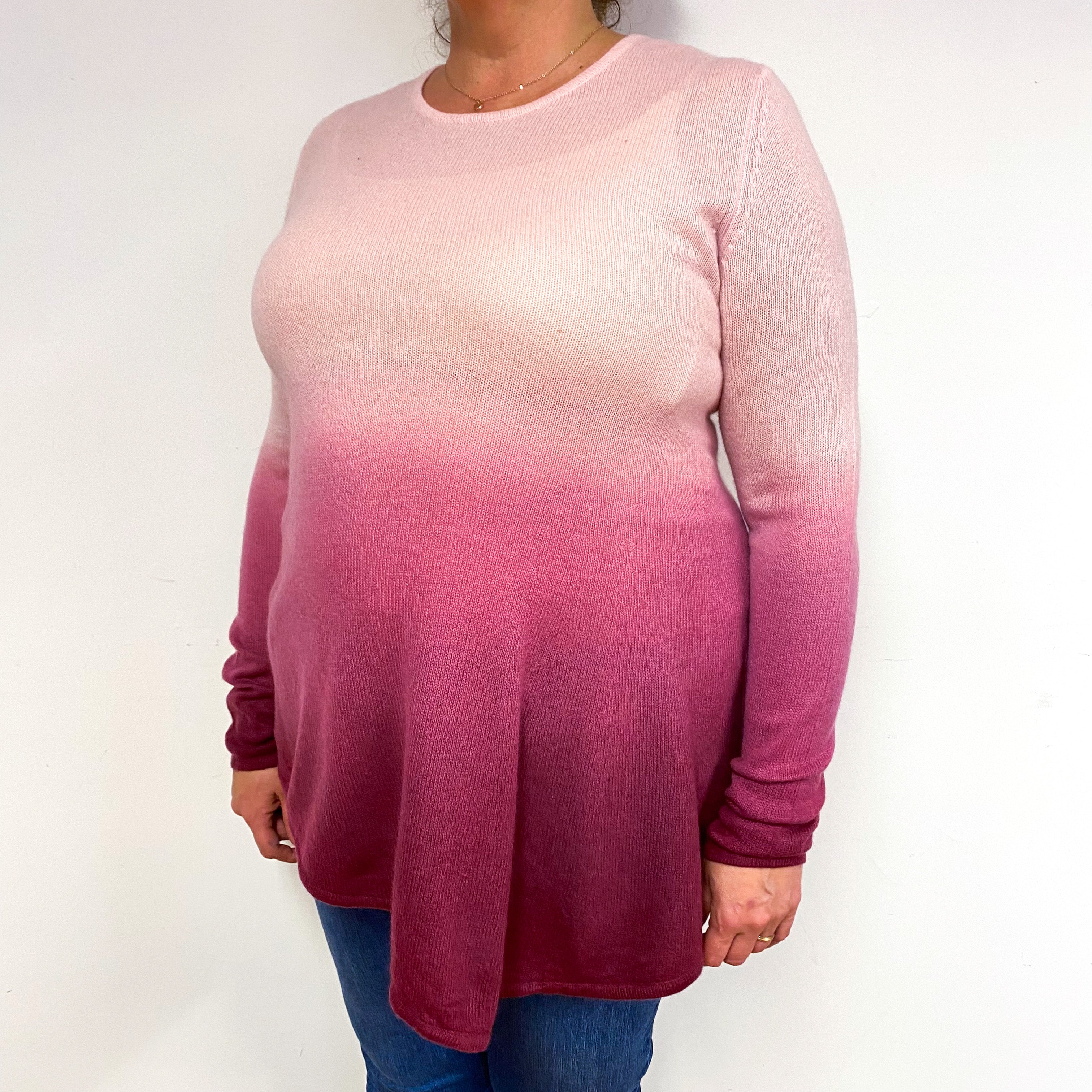 Pink Ombré Asymmetric Hem Cashmere Crew Neck Jumper Extra Large