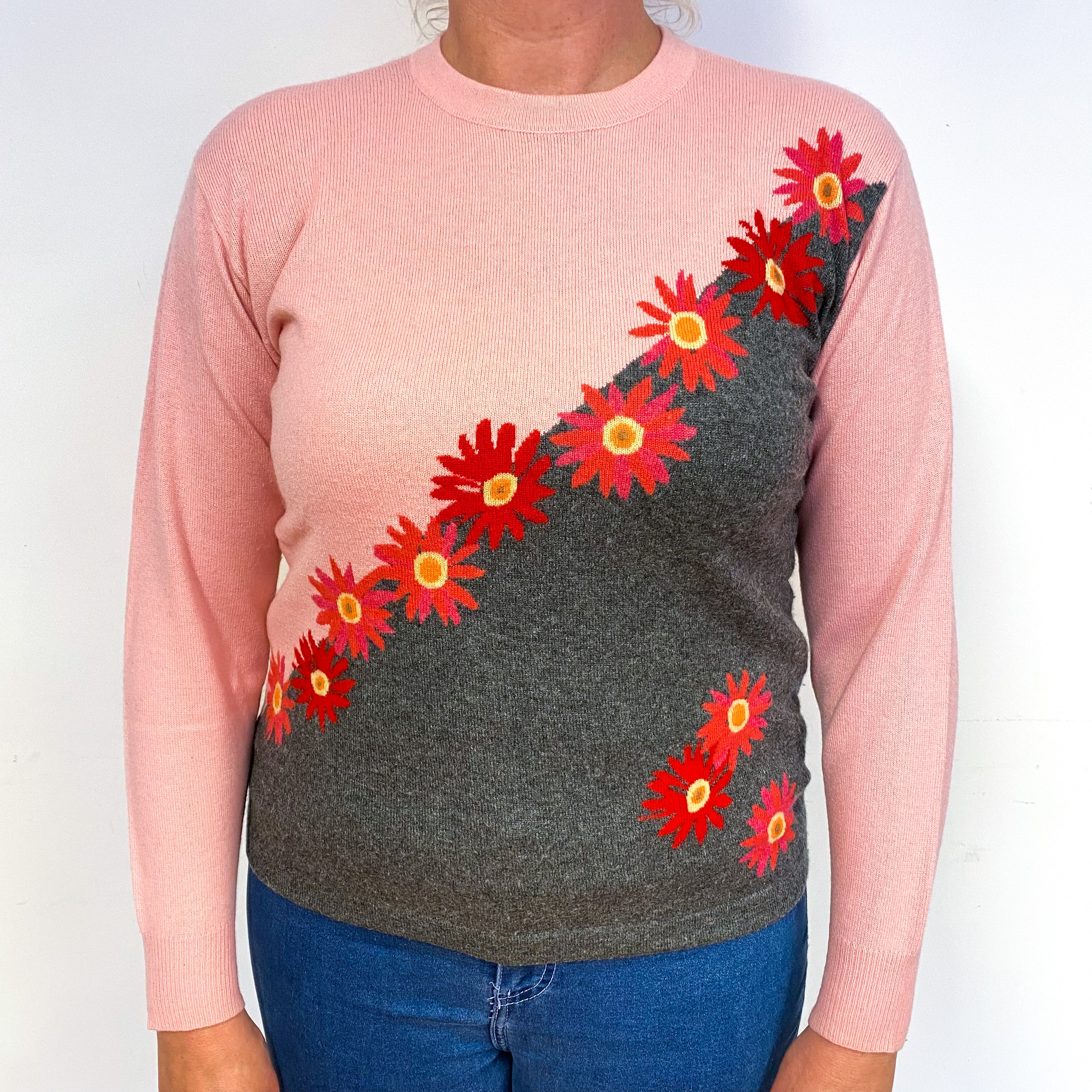 Vintage Pink Floral Cashmere Crew Neck Jumper Large