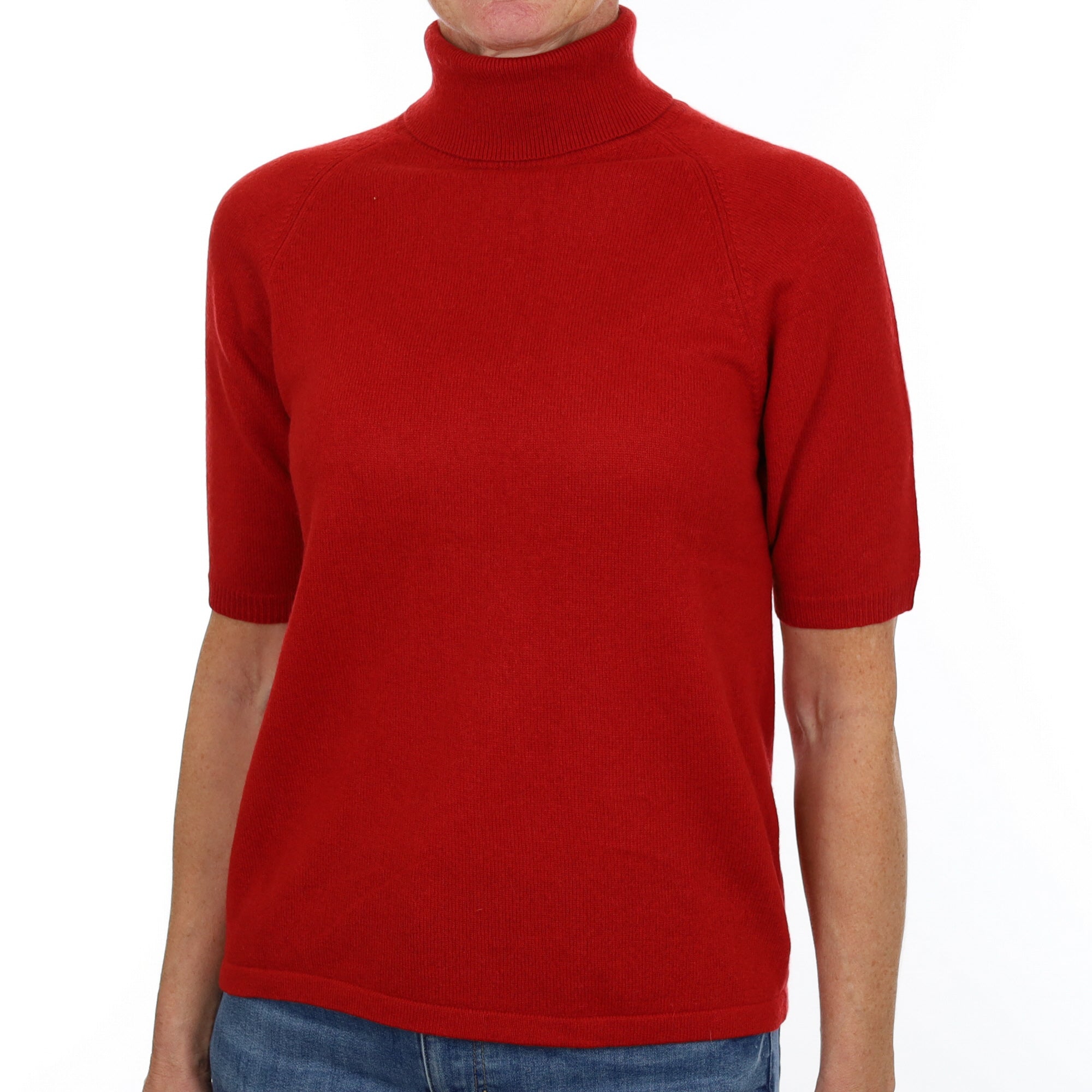 Crimson Red Cashmere Polo Neck Short Sleeved Jumper Small