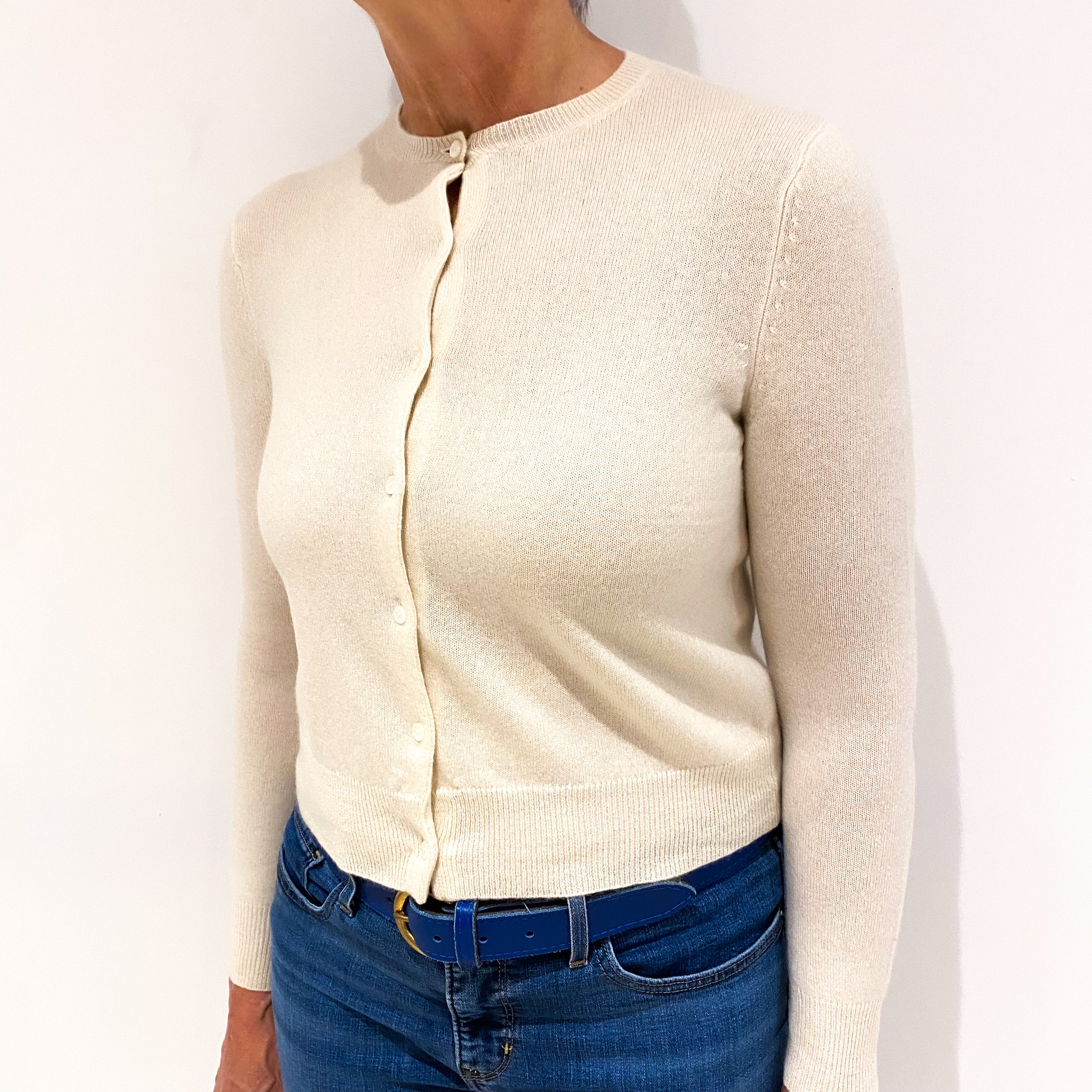 Ivory Cream Cashmere Cropped Crew Neck Cardigan Medium