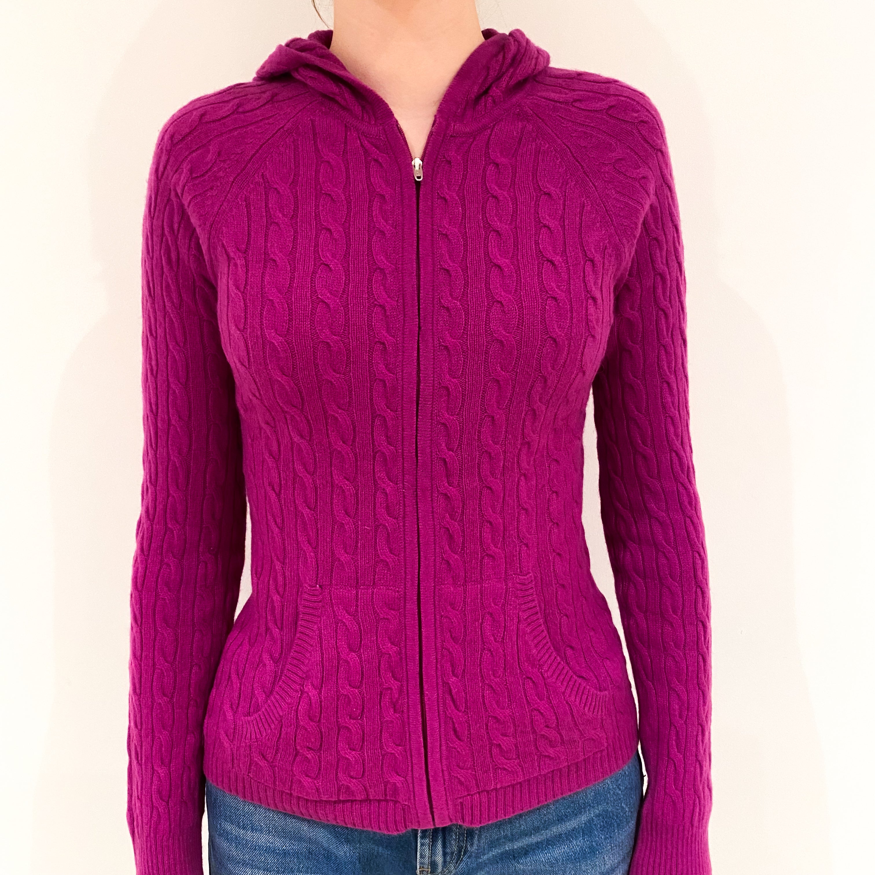 Magenta Pink Cashmere Hooded Cable Jumper Extra Small