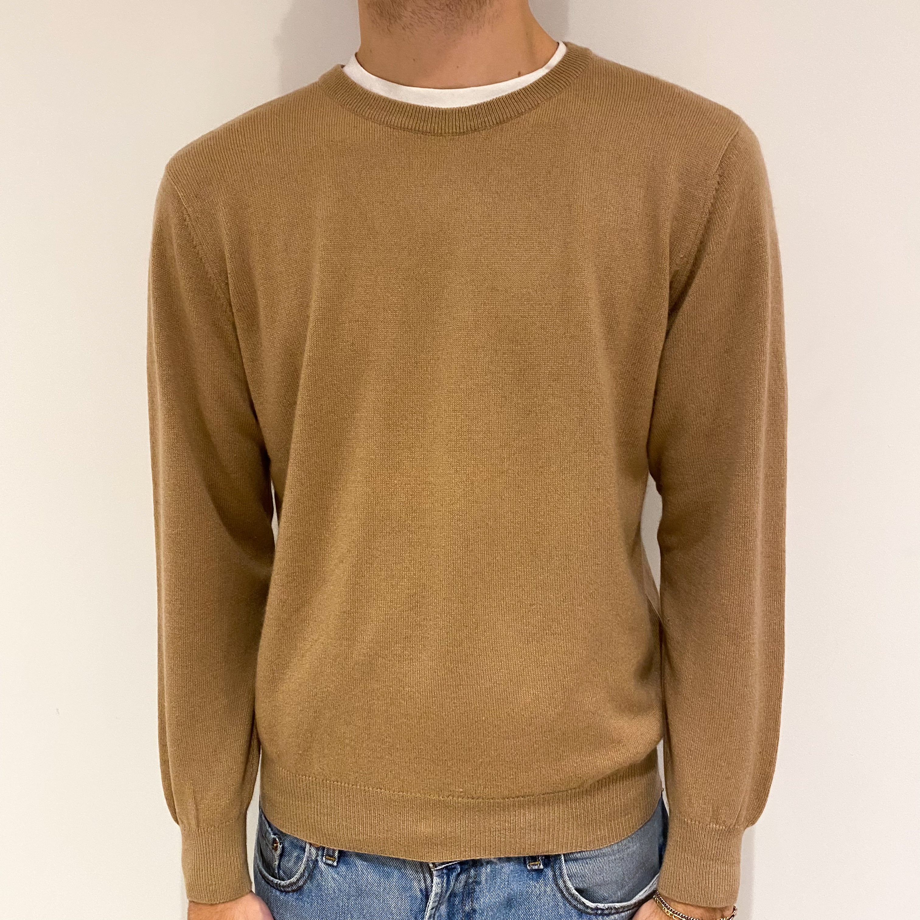 Men's Camel Brown Cashmere Crew Neck Jumper Large