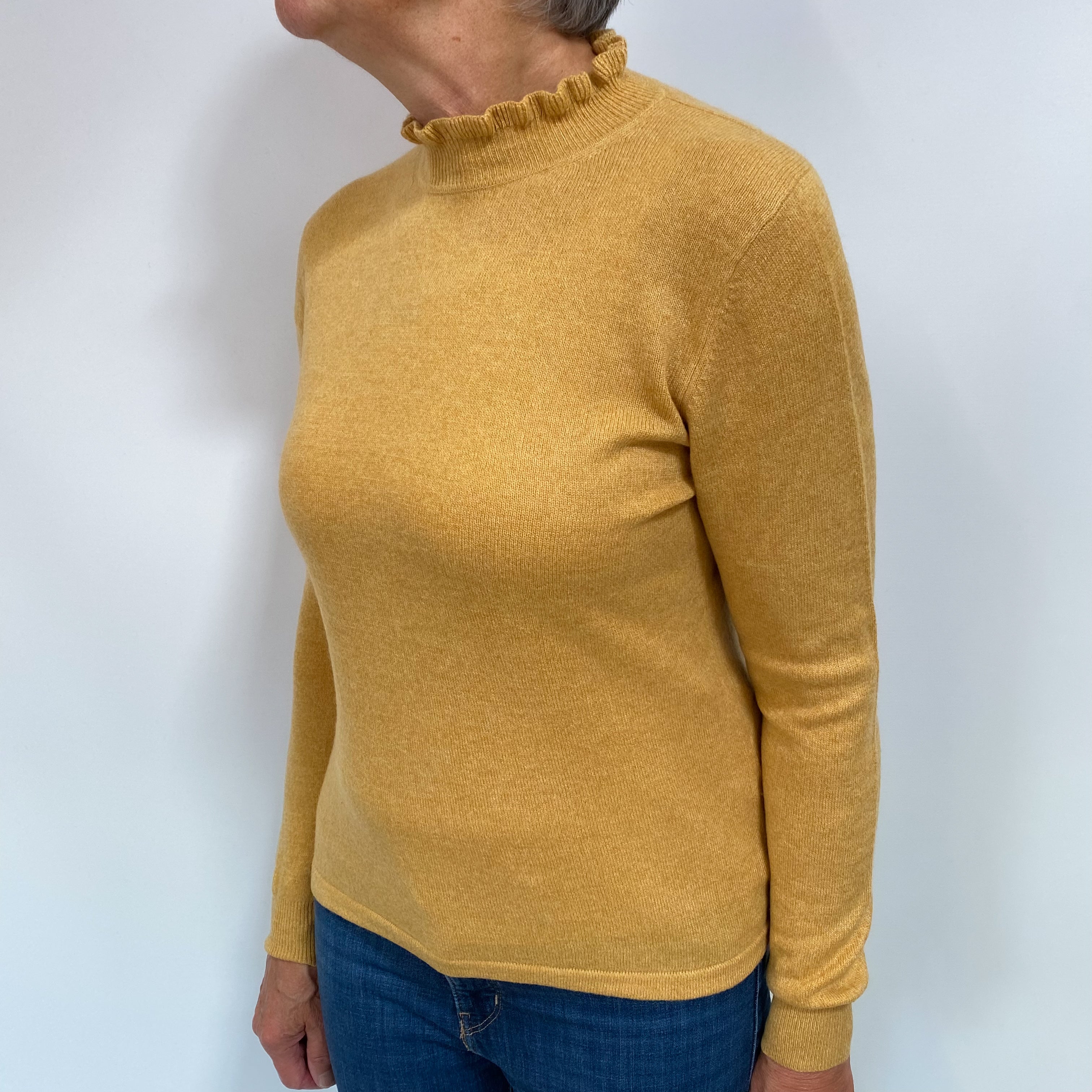 Flaxen Yellow Cashmere Ruffle Turtle Neck Jumper Medium