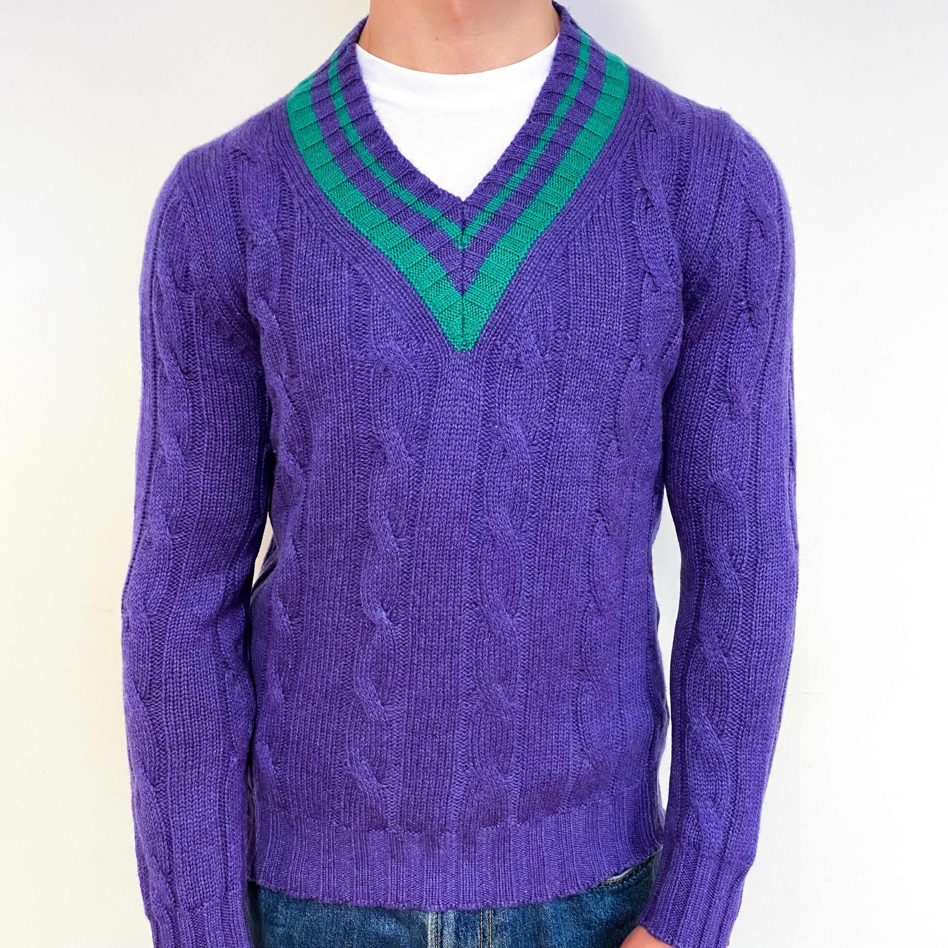 Men's Amethyst Purple Chunky Cashmere V-Neck Jumper Small