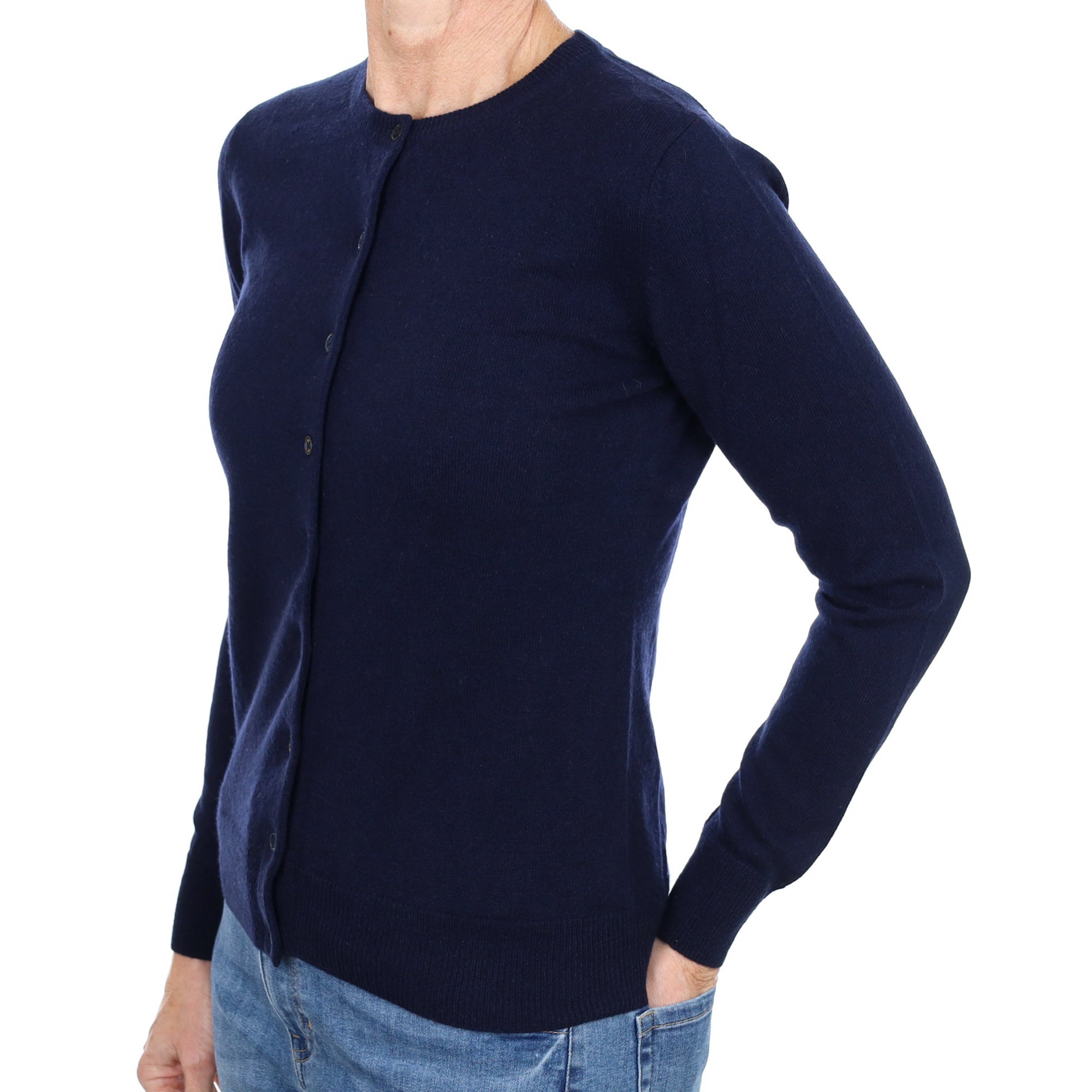 New Navy Blue Cashmere Crew Neck Cardigan Small