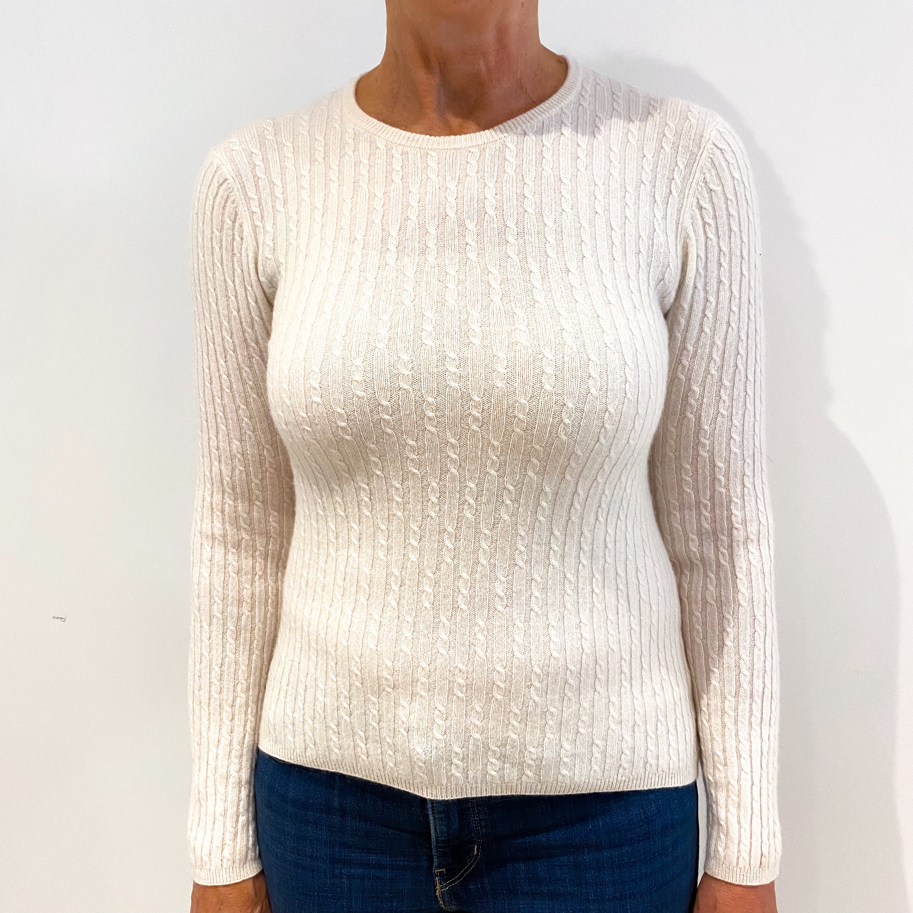 Cream Cable Knit Cashmere Crew Neck Jumper Medium