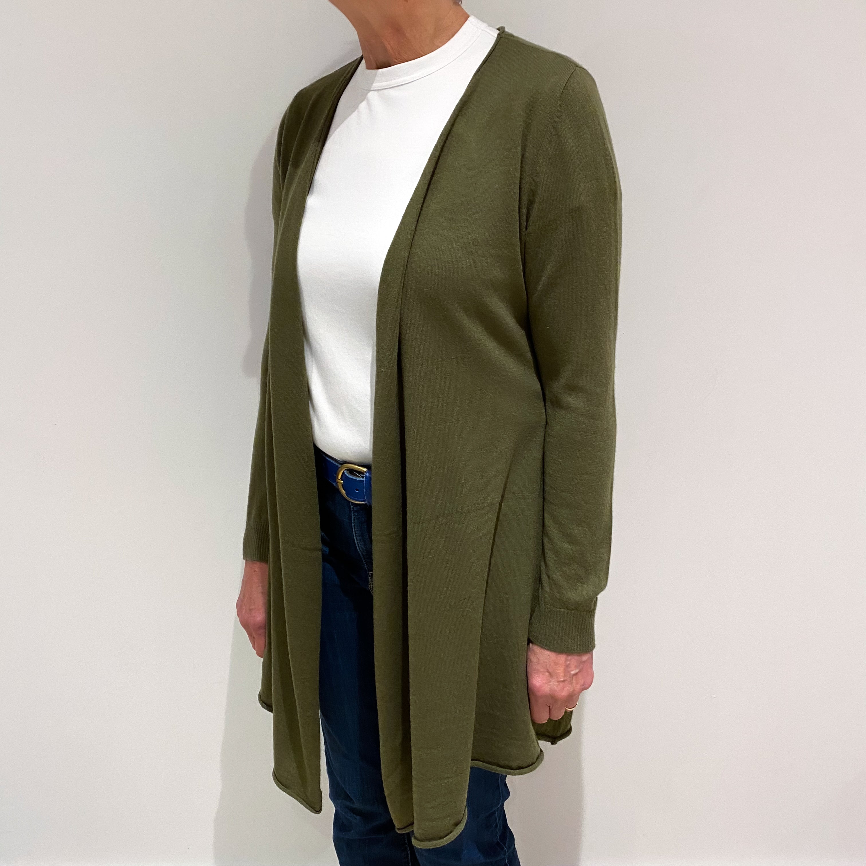 Olive Green Cashmere Waterfall Cardigan with Rolled Hem Medium