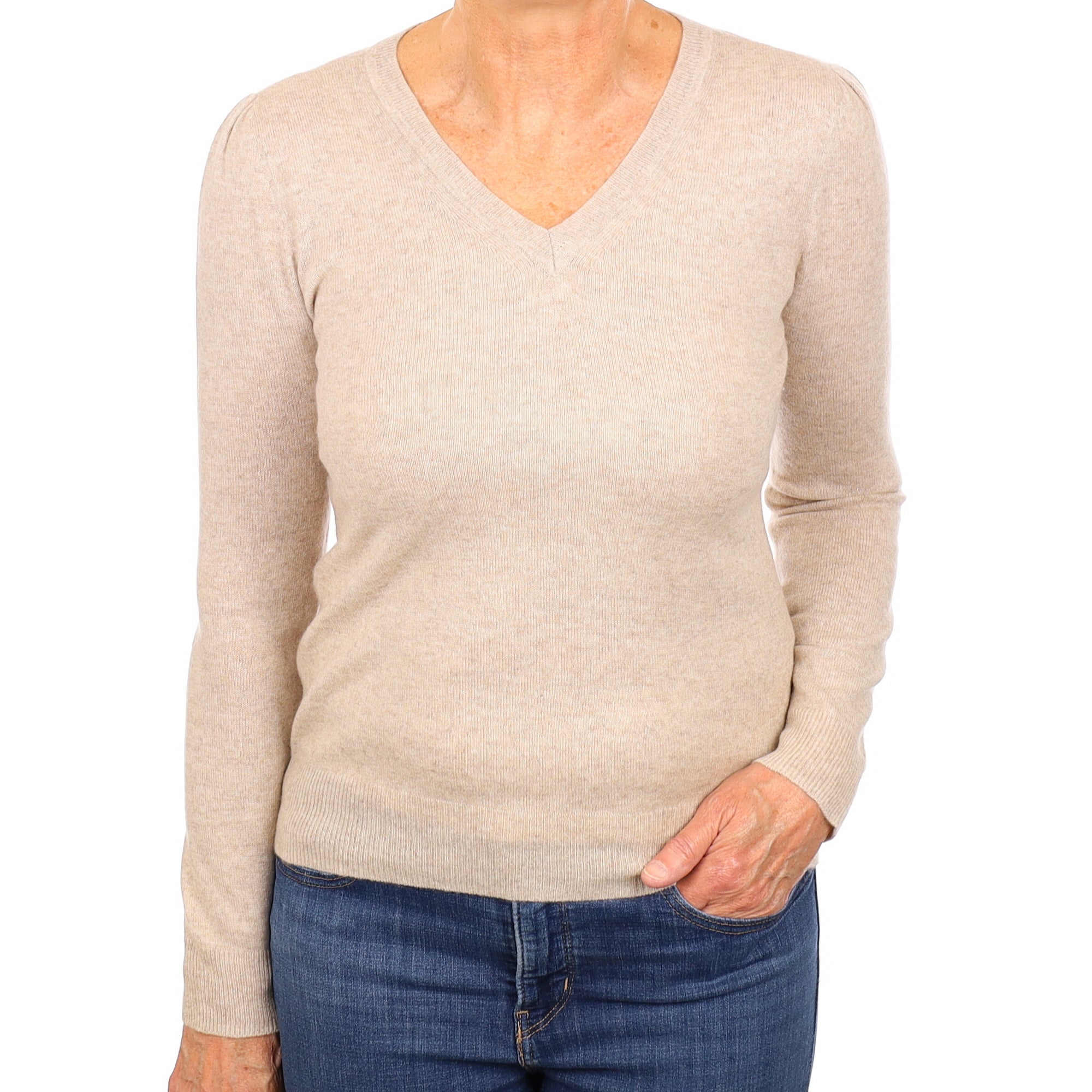 Oatmeal Beige Cashmere V Neck Jumper Medium
