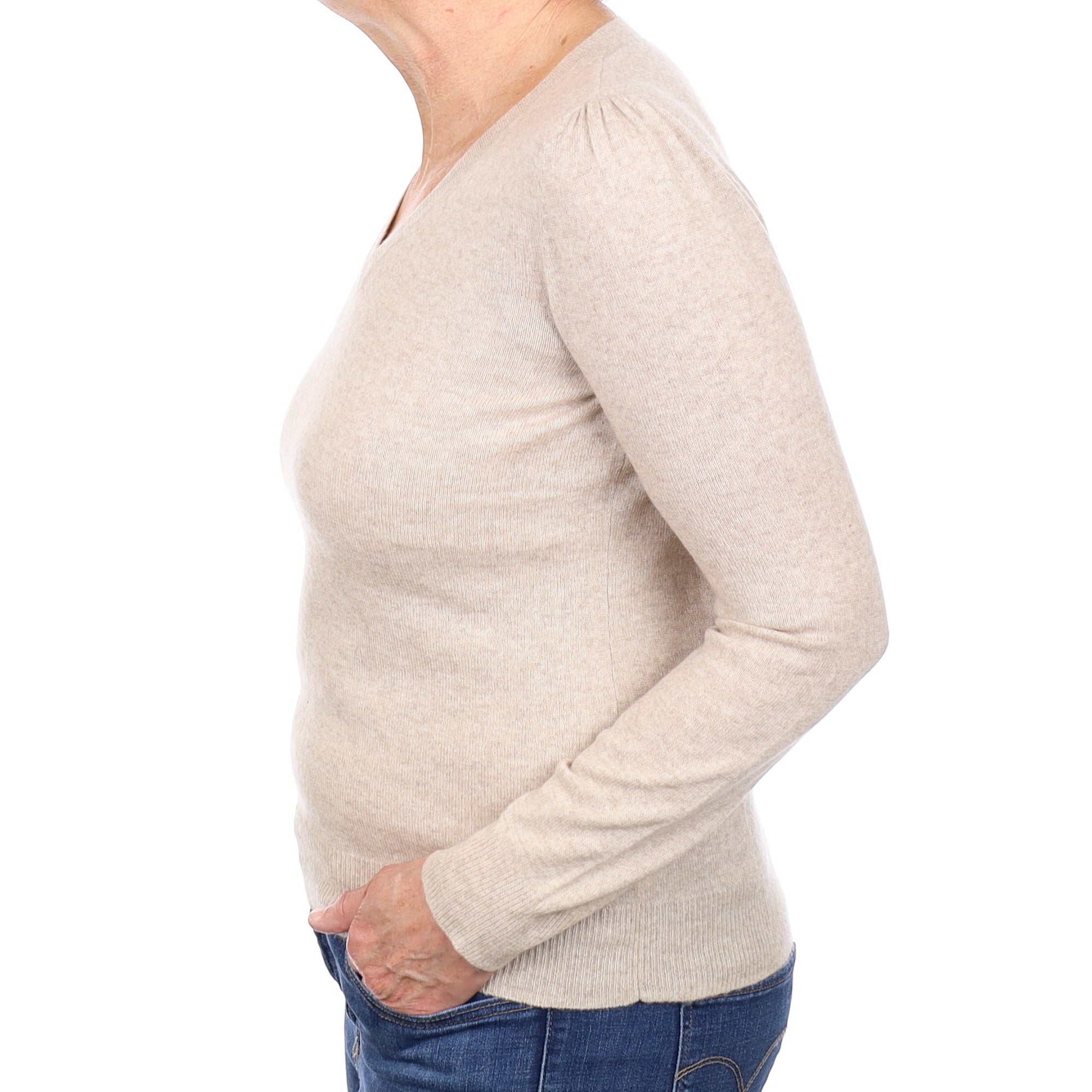 Oatmeal Beige Cashmere V Neck Jumper Medium