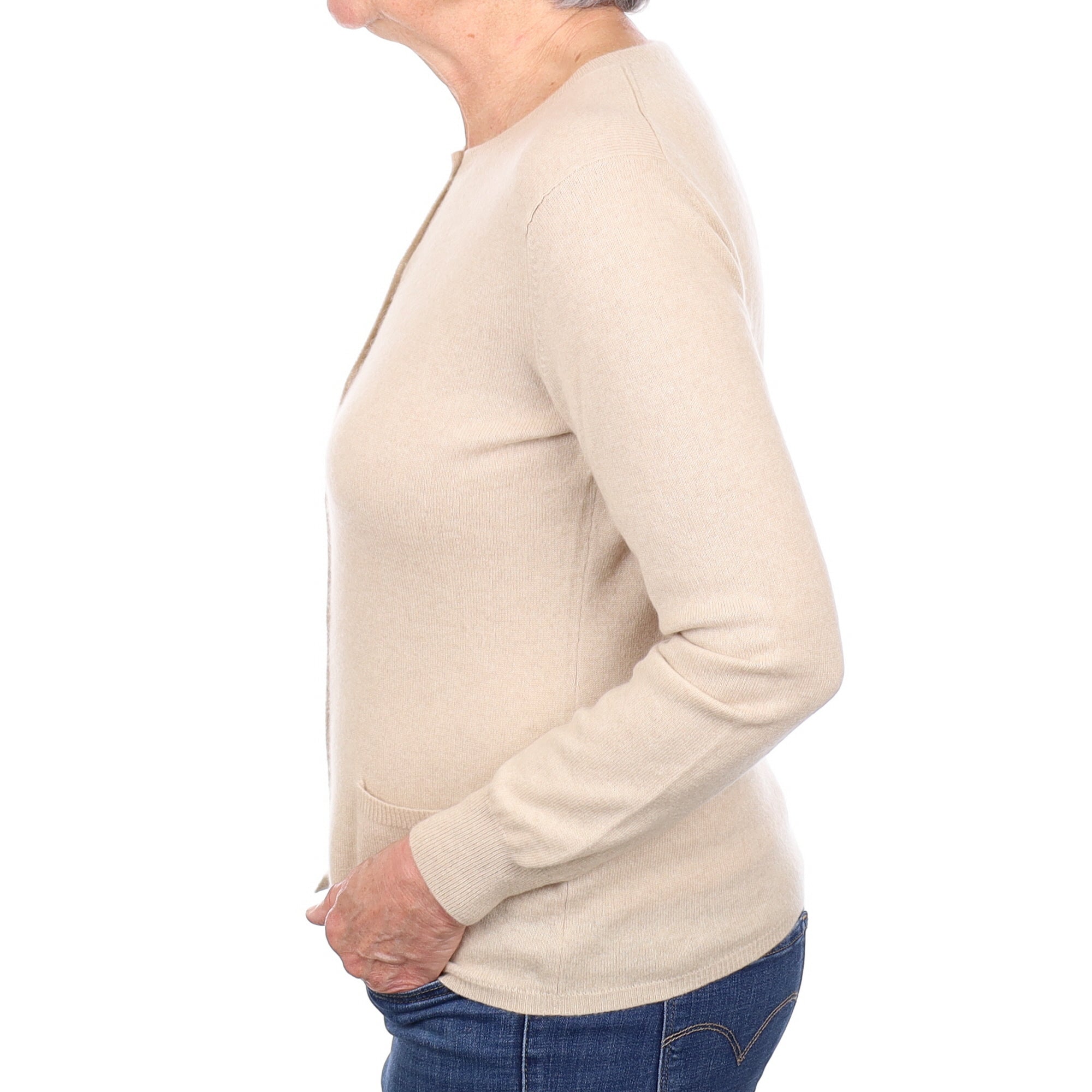 Beige Cashmere Crew Neck Cardigan with Pockets Medium