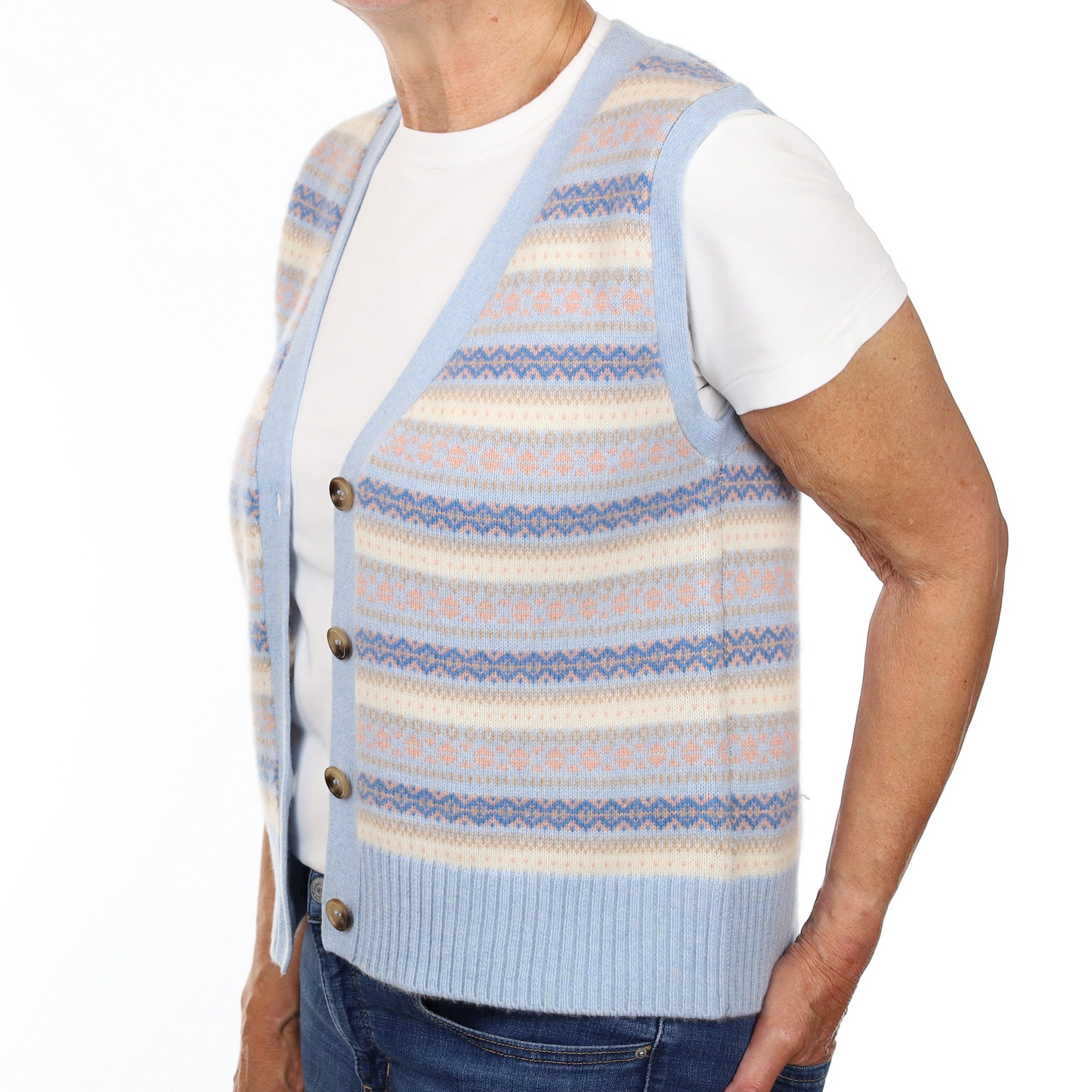 Brand New Baby Blue and Shell Pink Fair Isle Luxury Cashmere V Neck Waistcoat Medium UK 12-14