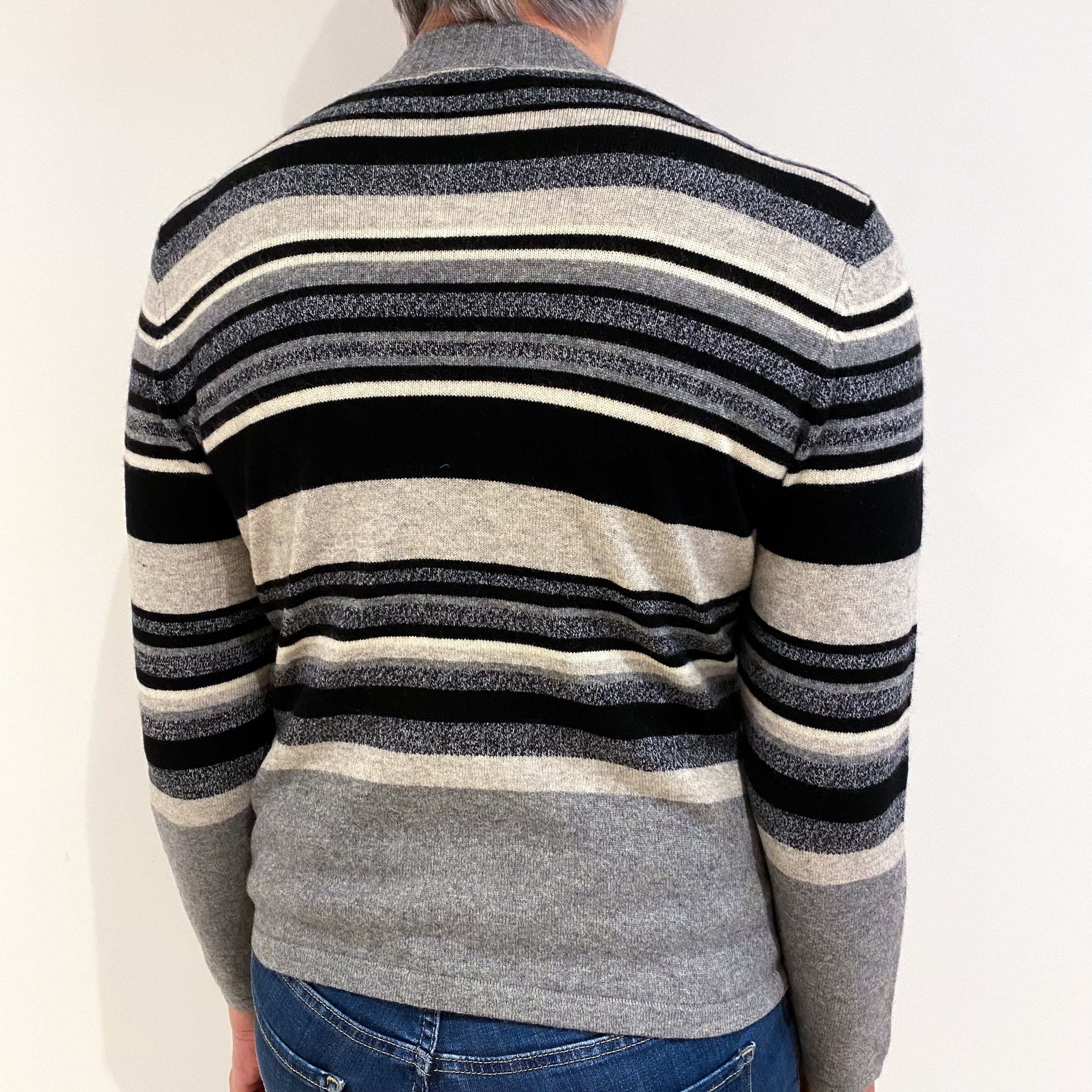 Black and Grey Striped Cashmere Turtle Neck Jumper Medium