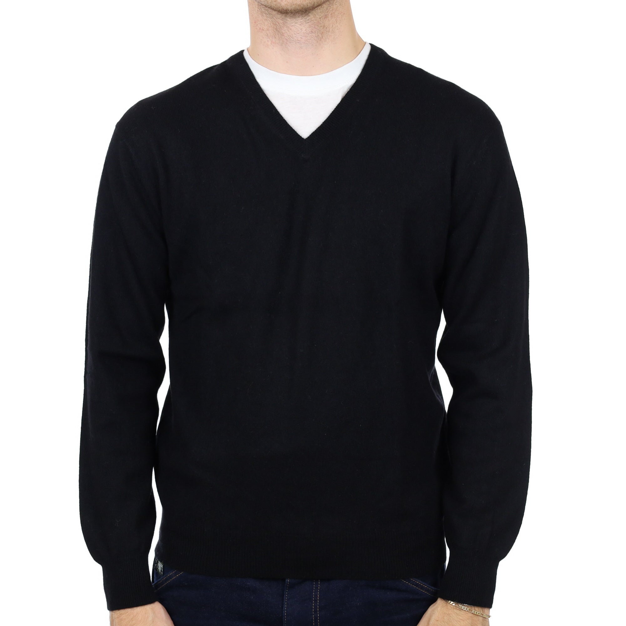 Men's Black Cashmere V Neck Jumper Medium