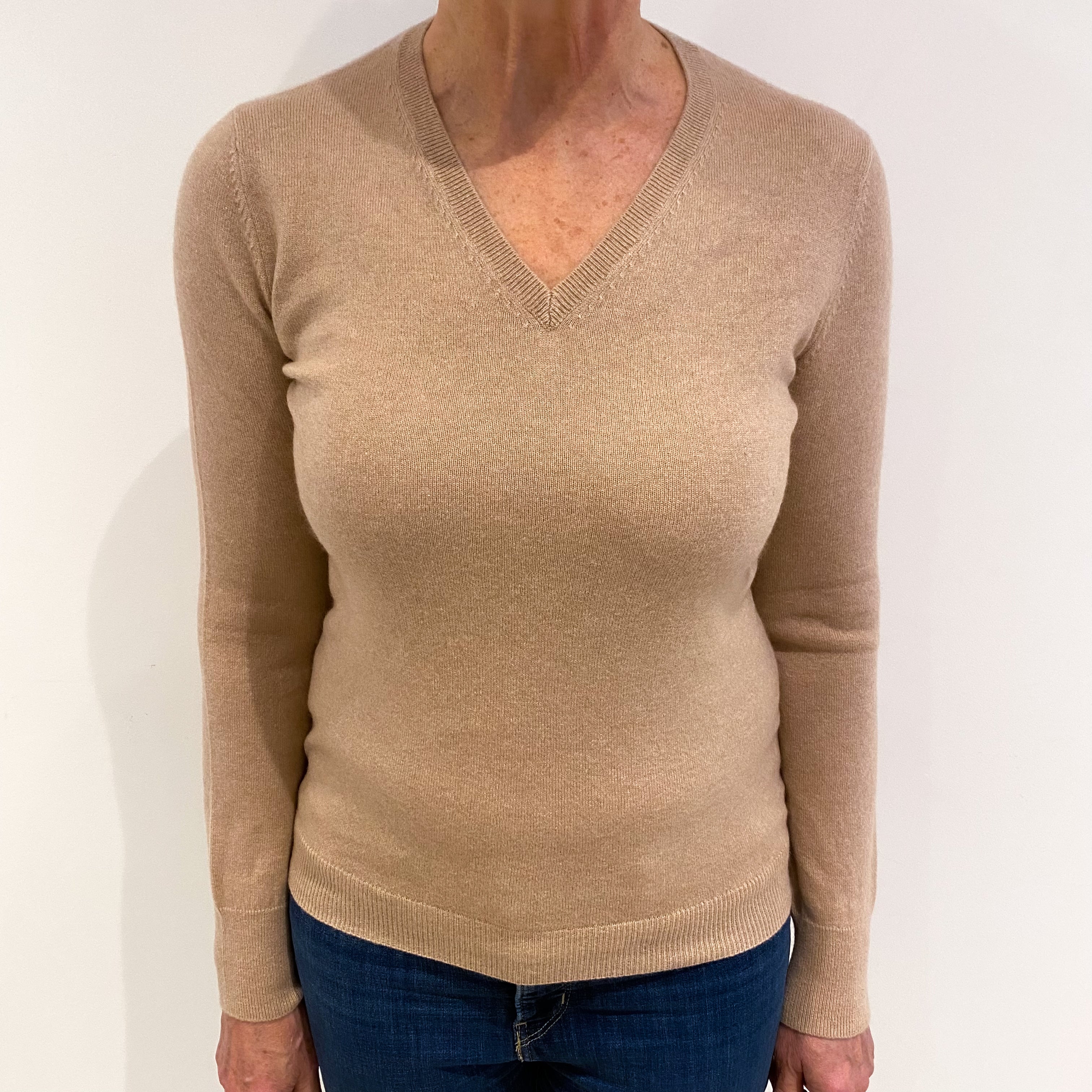 Nude Beige Cashmere V Neck Jumper Medium